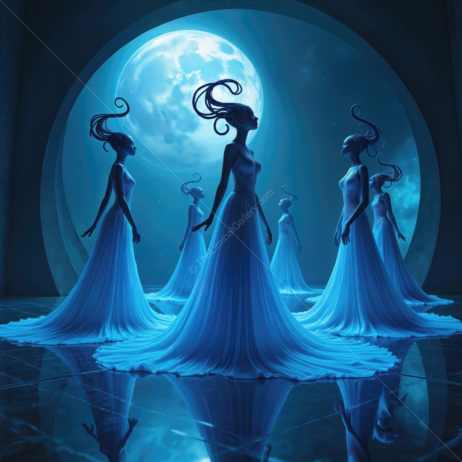 Futuristic beings gather under a glowing moon in a mysterious sci-fi setting filled with ethereal beauty and elegance