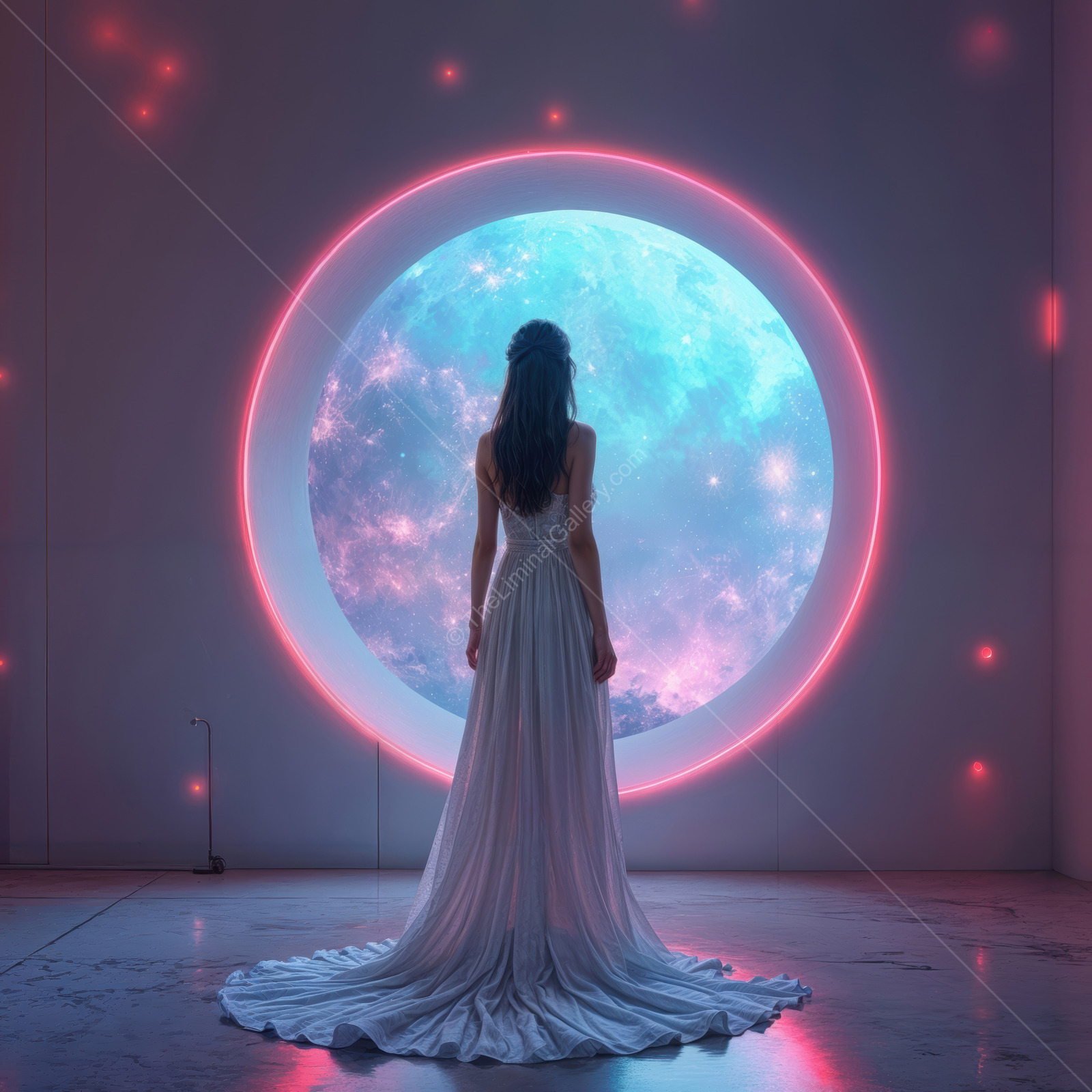 Stunning view of a woman in a flowing gown gazing at a luminous moon in a futuristic space