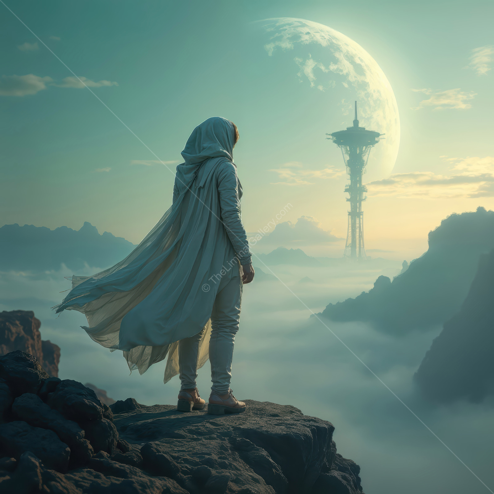 Vast landscapes unfold in a distant sci-fi world where a lone figure gazes at a towering structure beneath a massive moon
