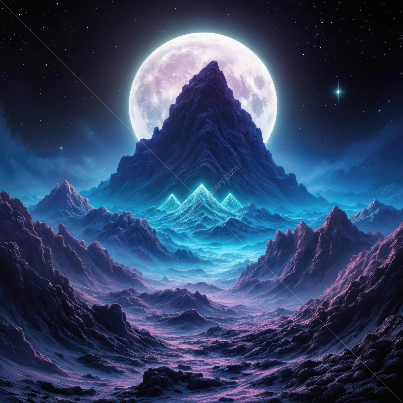Mysterious mountain landscape under a shining moon in a vibrant twilight setting