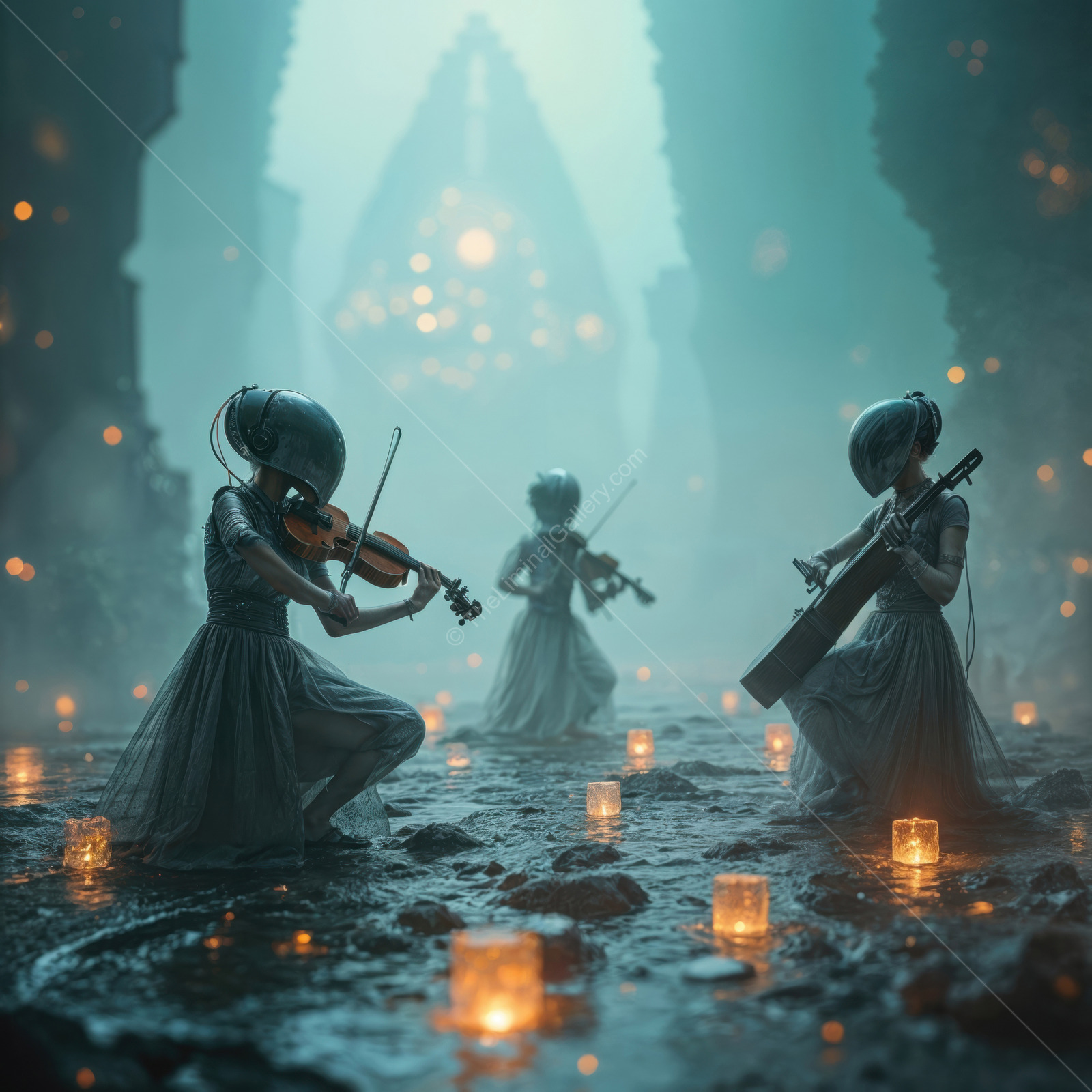 Musical harmony in a mystical sci-fi landscape with performing musicians under glowing lanterns