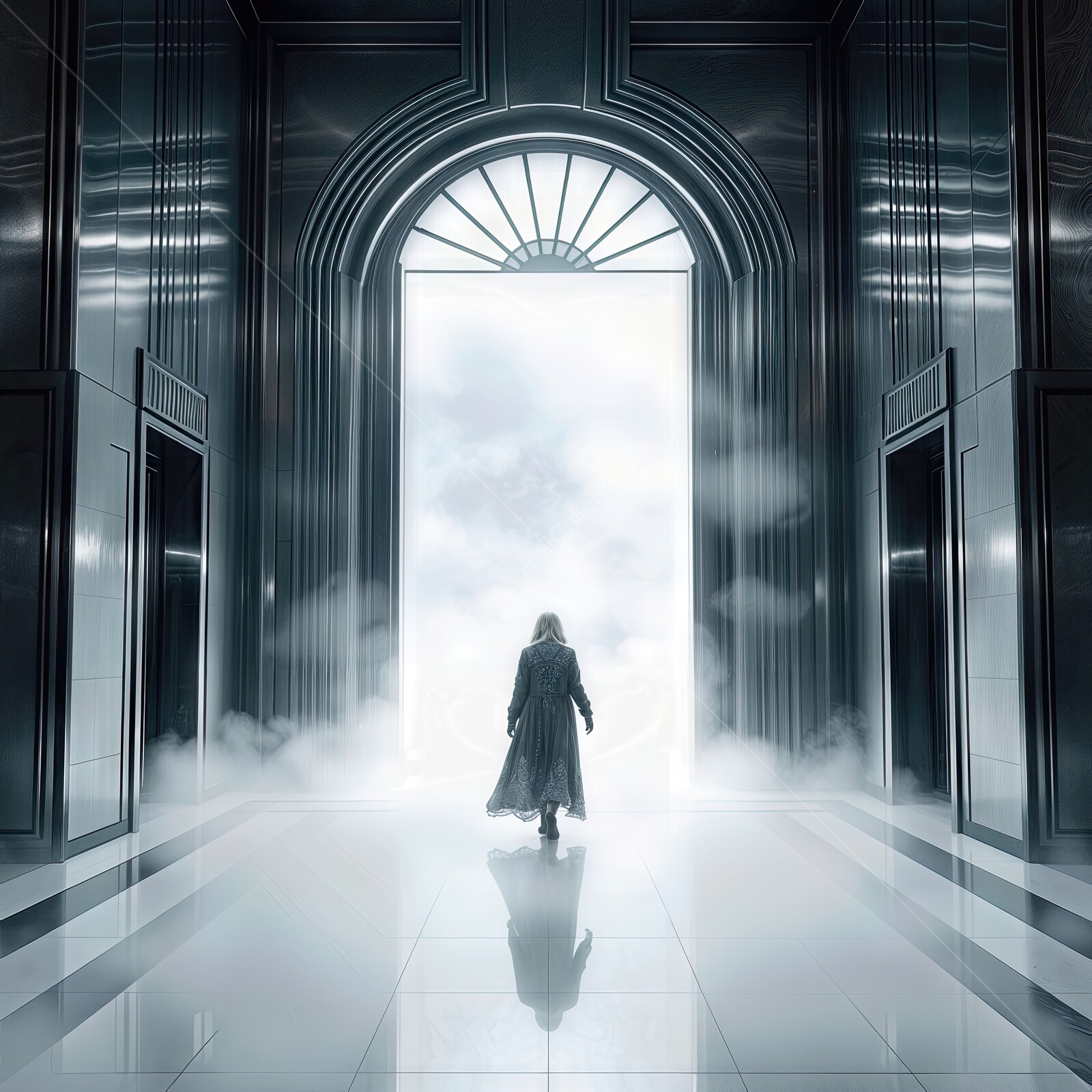 Mysterious man steps through an ethereal doorway amidst swirling mist in an elegant space
