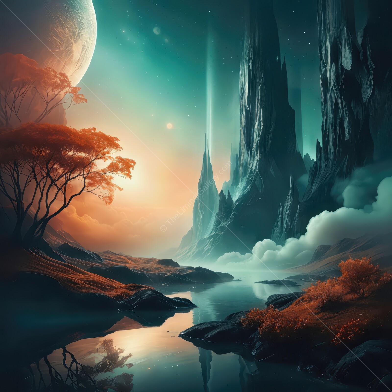 Enchanting twilight reveals a mystical landscape with towering spires and reflective waters