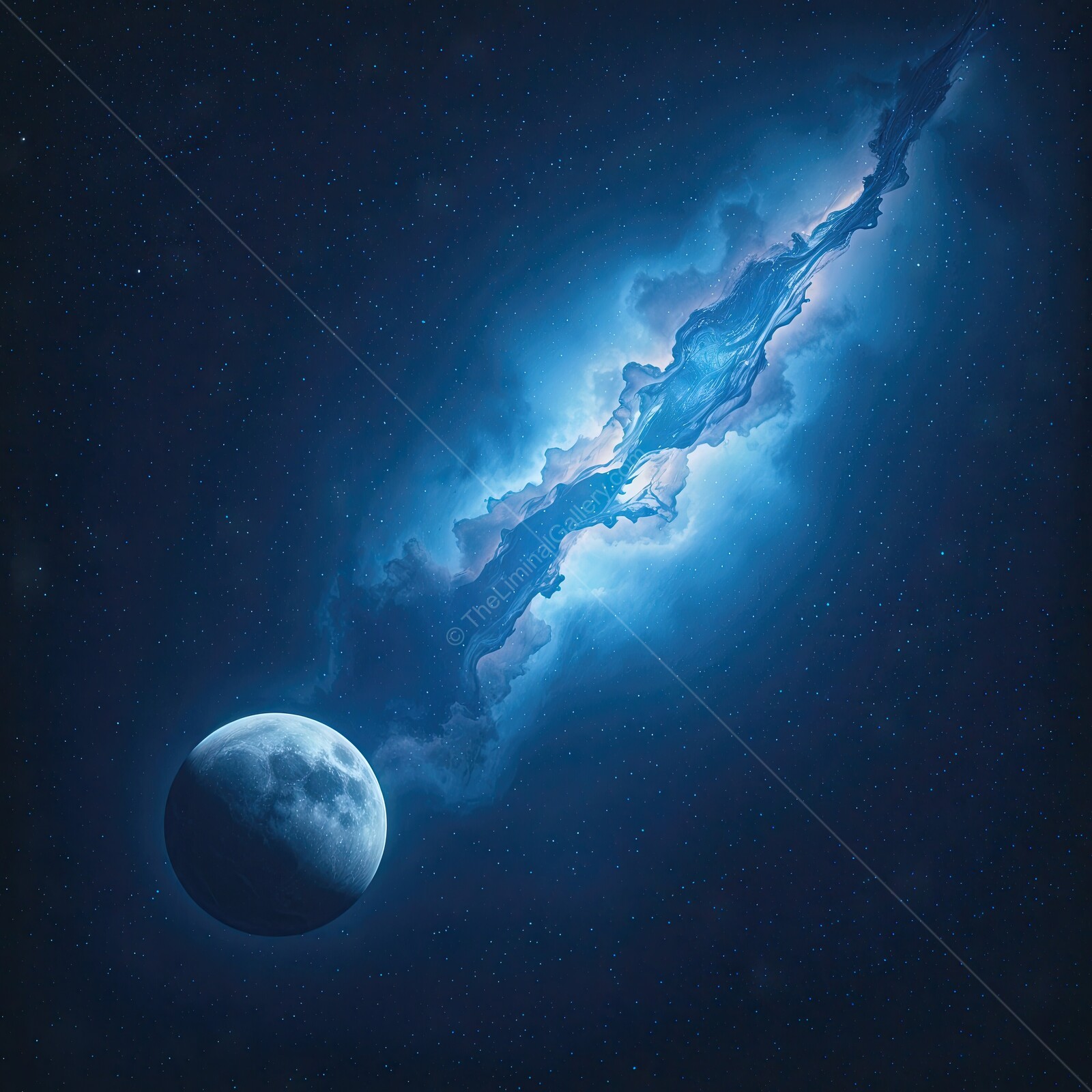 Mysterious cosmic phenomena reveals a stunning blue nebula beside an enigmatic celestial body in deep space