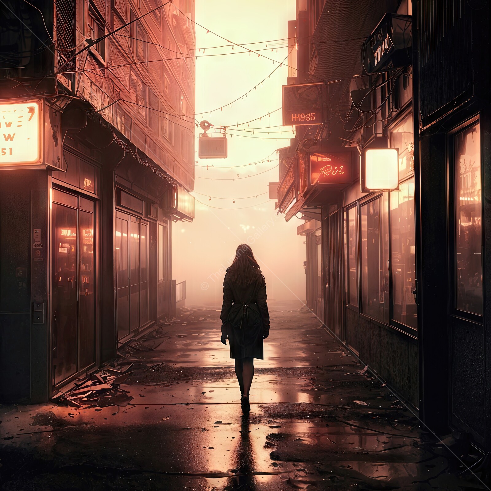 Solitary figure walks through neon-lit alley as dusk settles in a vibrant urban landscape