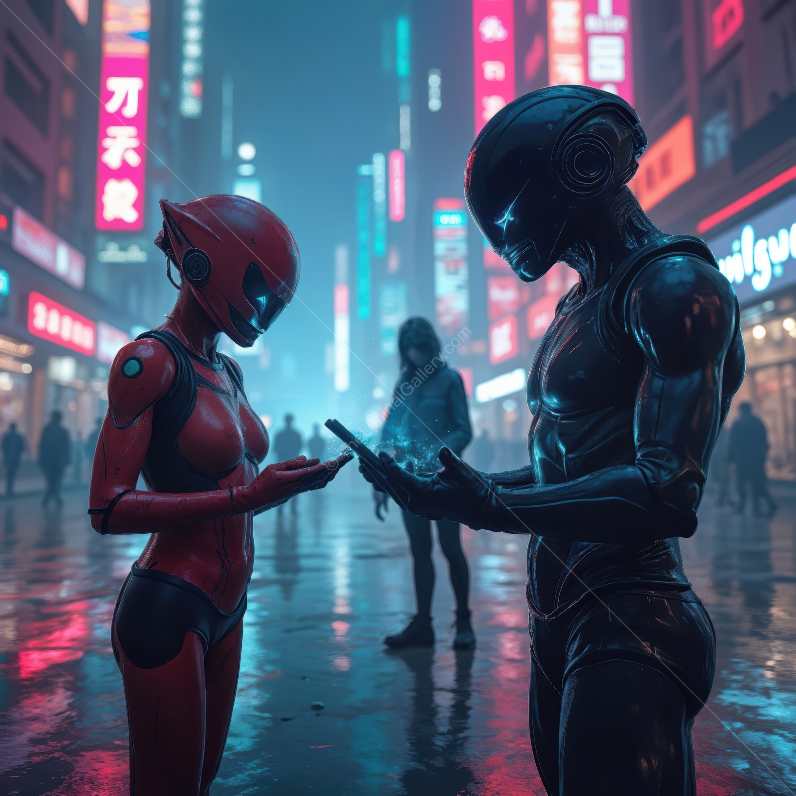 Futuristic encounter between two cyborgs in a neon-lit city at night