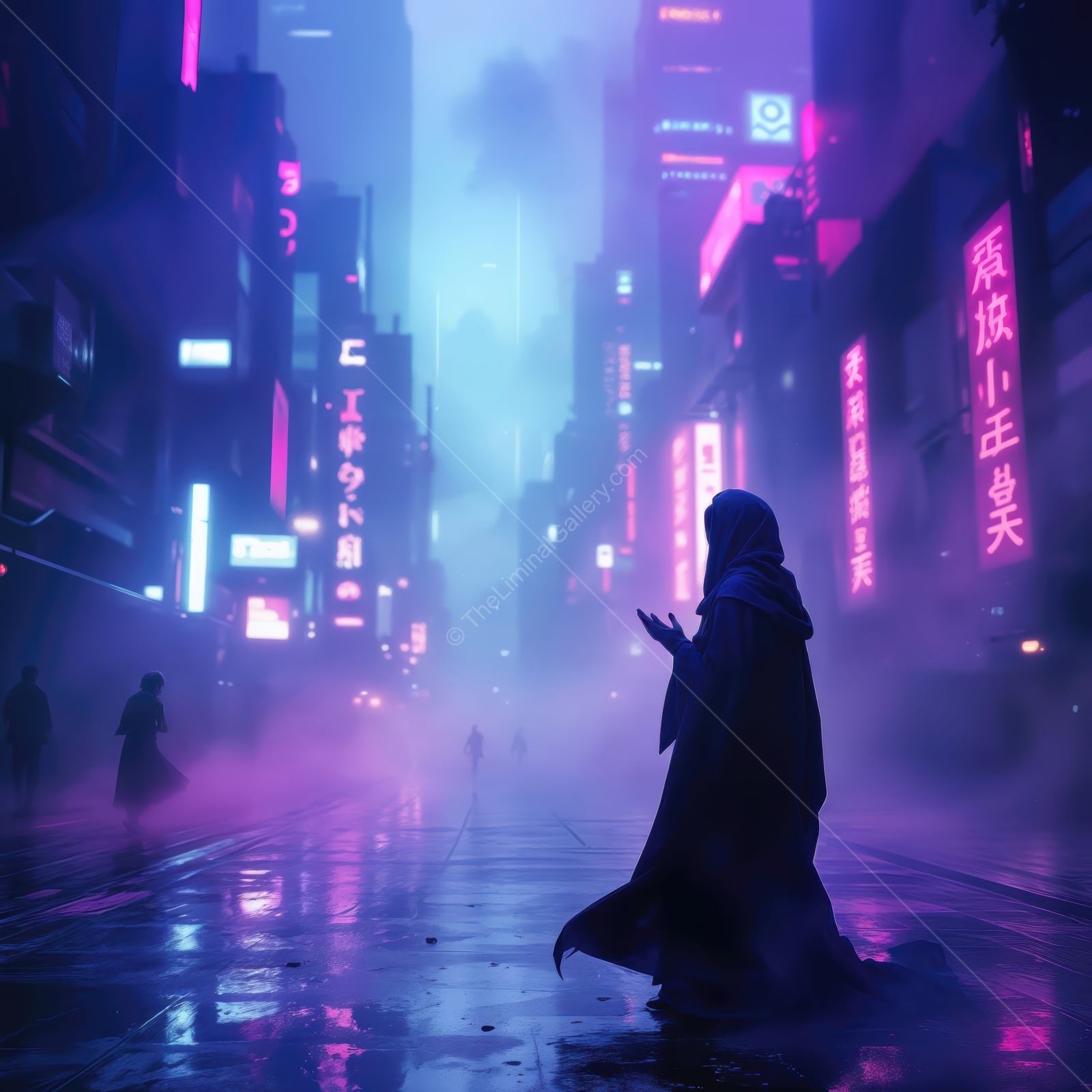 Mysterious figure explores neon-lit streets in a futuristic city filled with fog and unknown secrets
