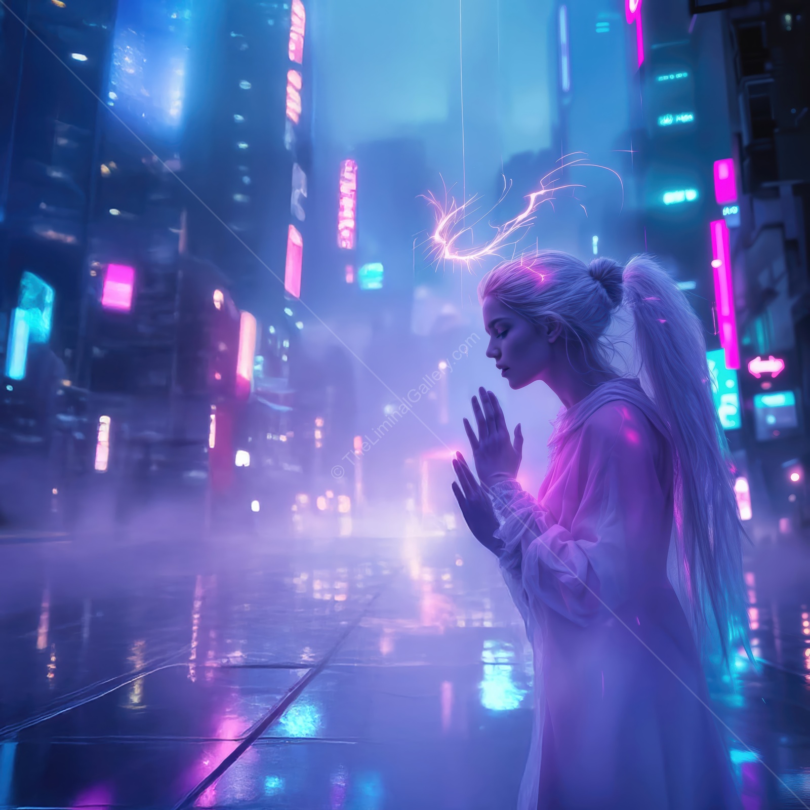 Mystical figure surrounded by neon lights in a futuristic cityscape at night