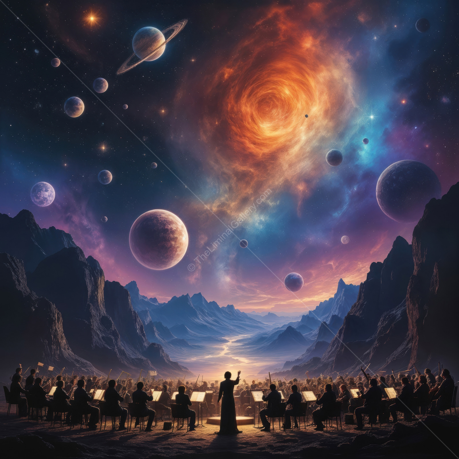 Cosmic symphony: an orchestra plays to the stars in a vast alien landscape at twilight