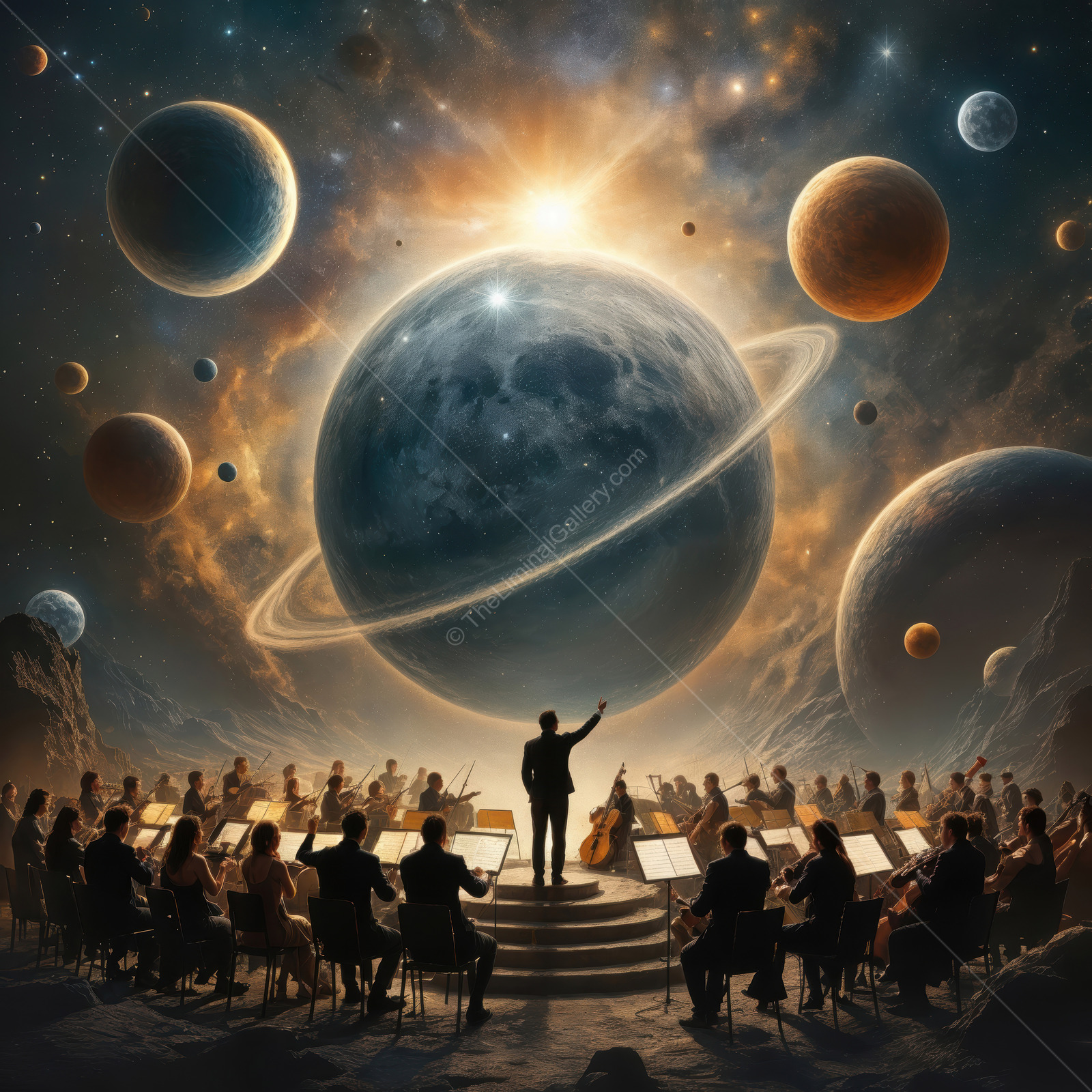 Music of the cosmos fills the universe as an orchestra performs under a starlit sky with planets and celestial wonders around