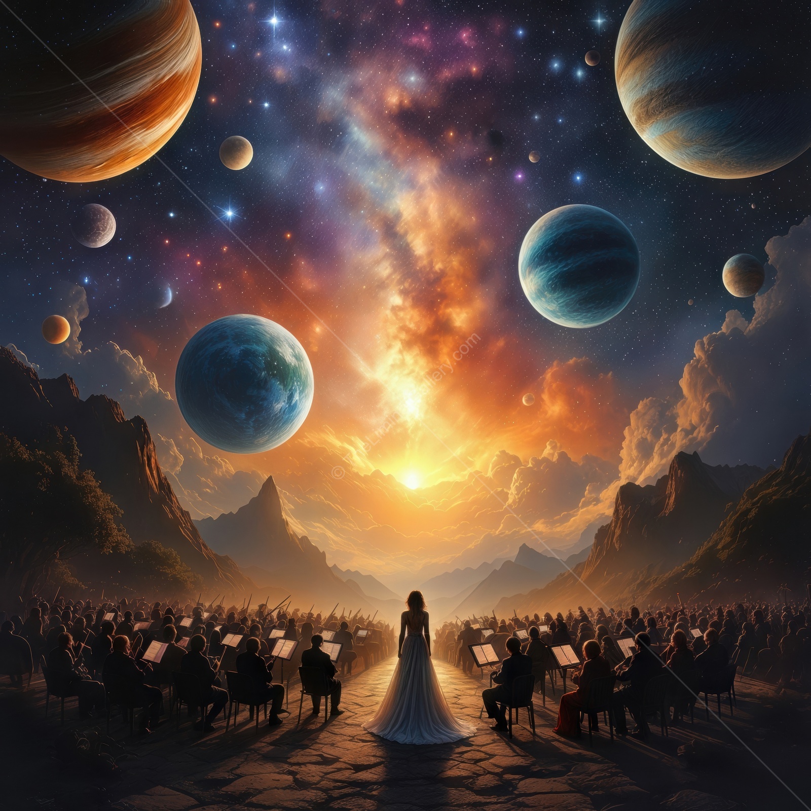 Musical harmony in a cosmic symphony with a stunning celestial backdrop