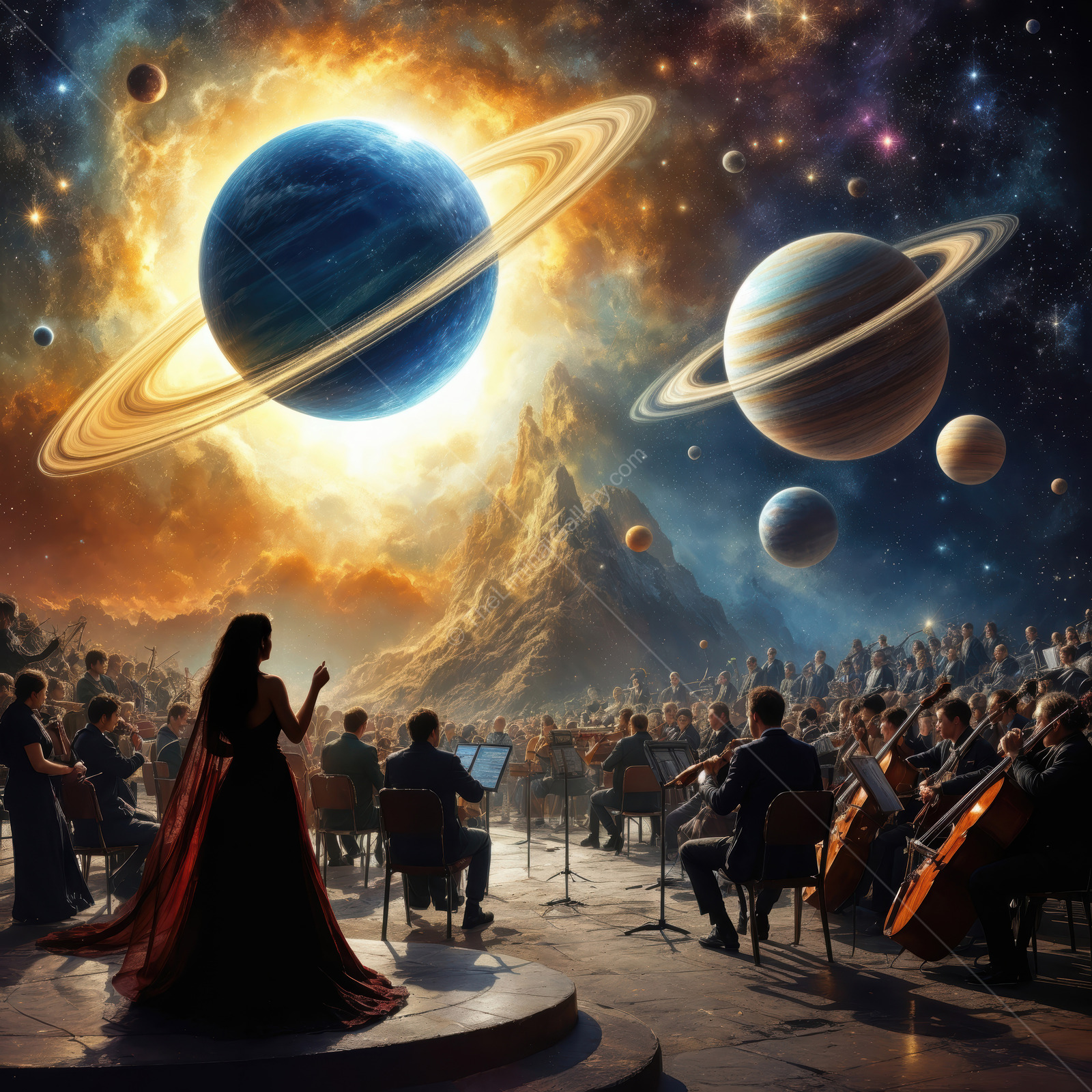 Celestial symphony of the cosmos awaits under ringed planets and stars
