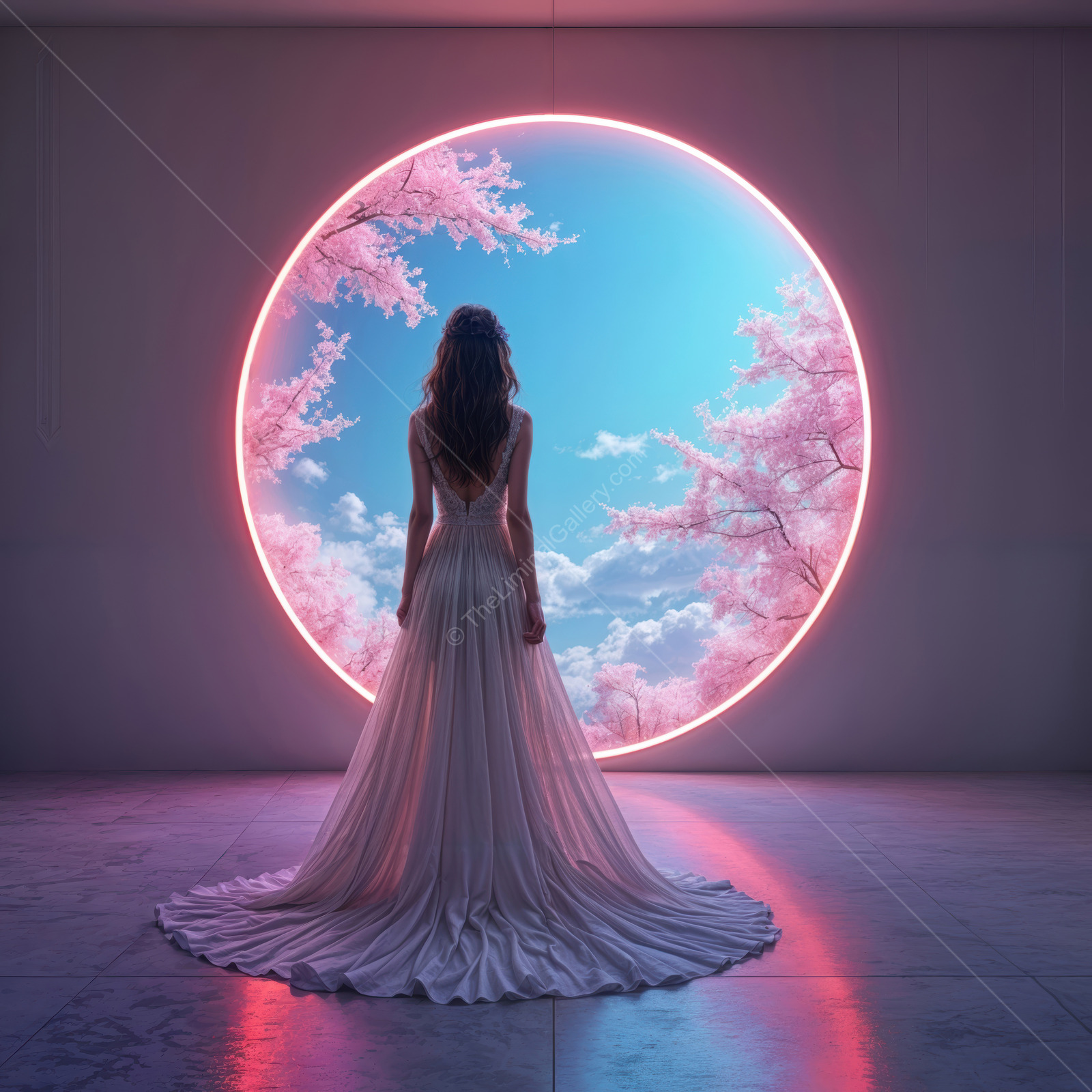 Ethereal figure in a flowing gown gazes out into a vibrant sci-fi world with cherry blossoms and a glowing circular portal