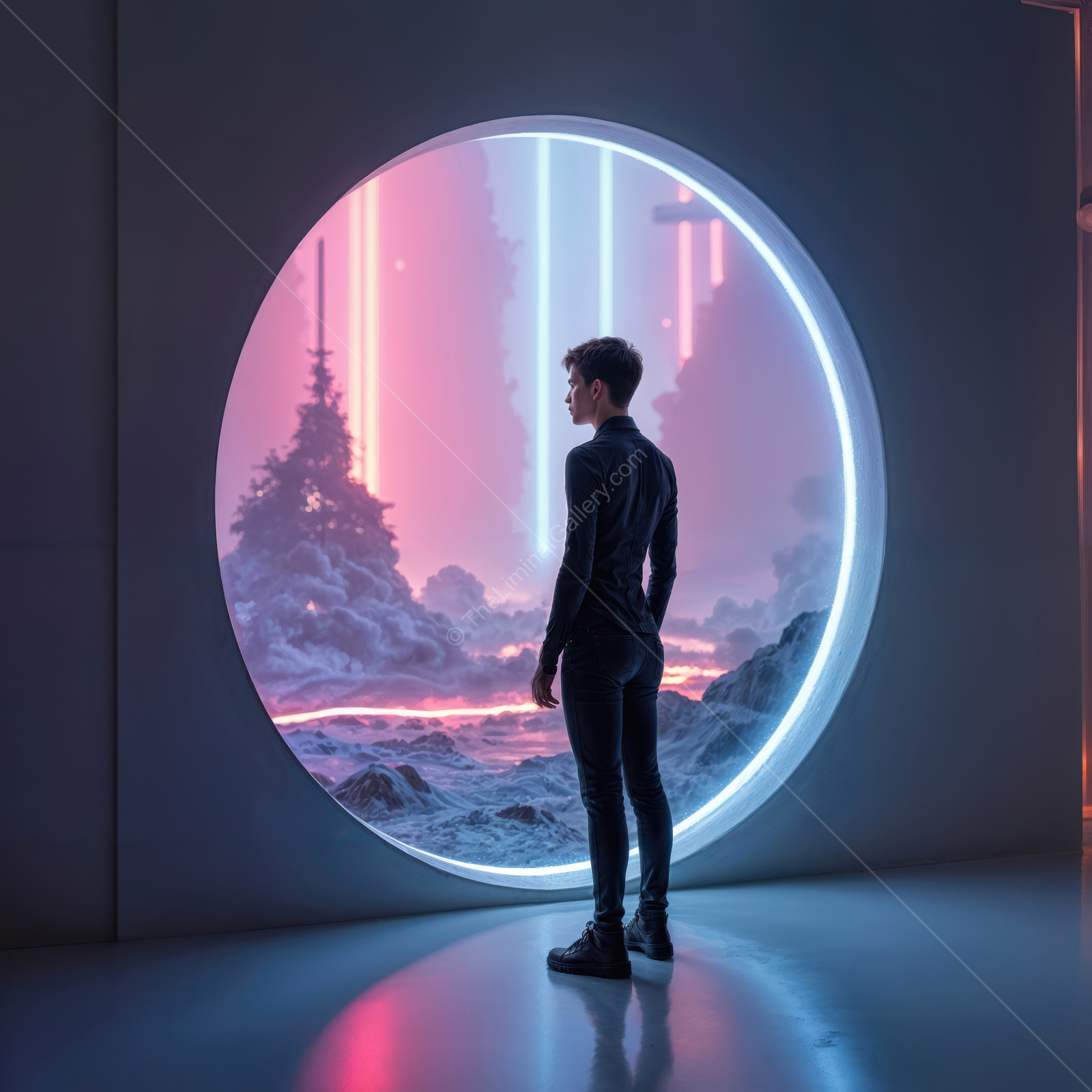 Exploring a futuristic portal to a vibrant alien landscape filled with glowing colors and towering trees