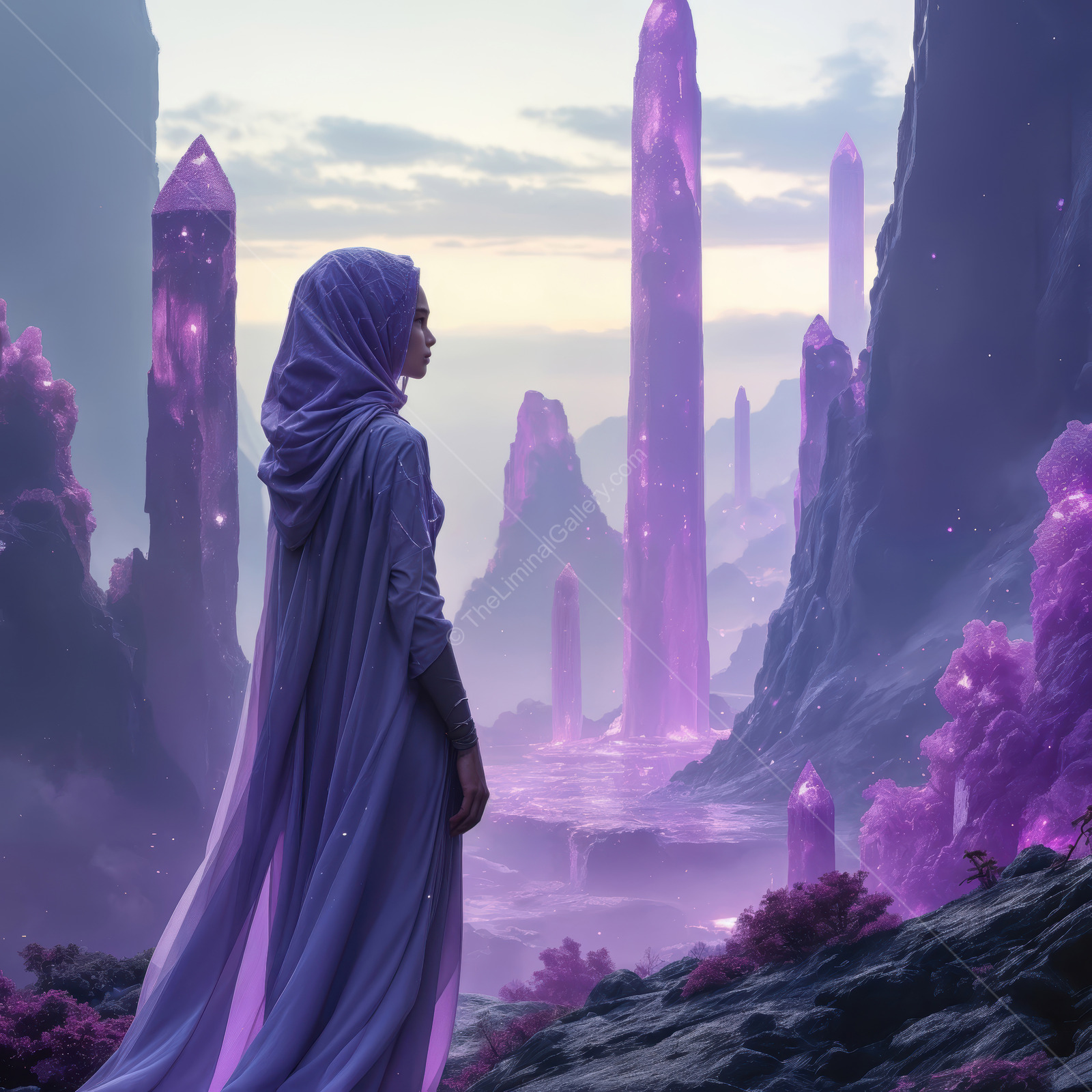 Mystical figure gazes over a vibrant crystal valley at twilight surrounded by towering purple structures