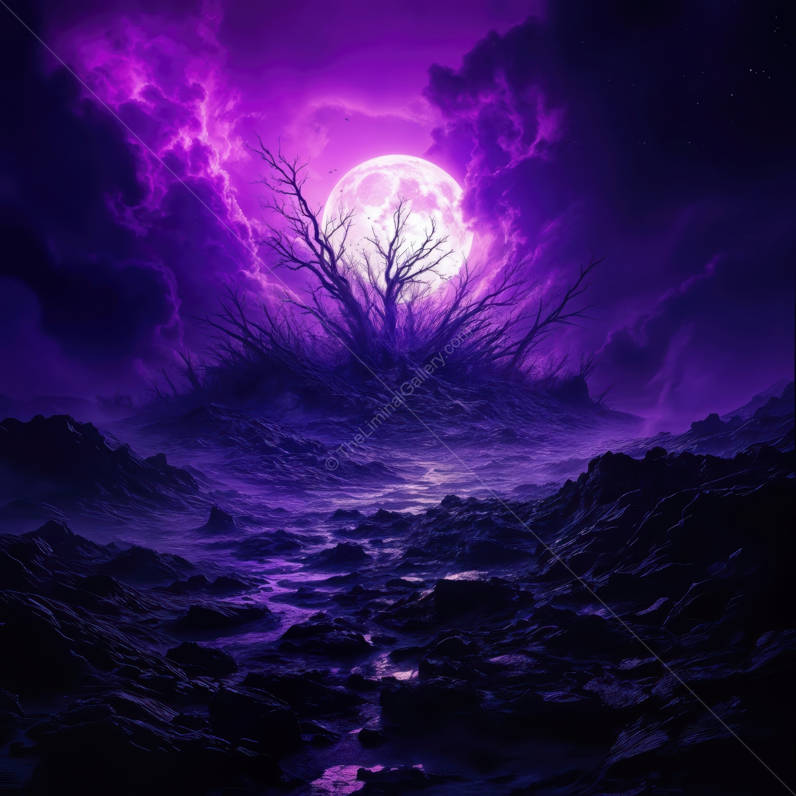 Vivid purple moon illuminates a mysterious landscape filled with twisted branches and dark, rocky terrain under an otherworldly sky