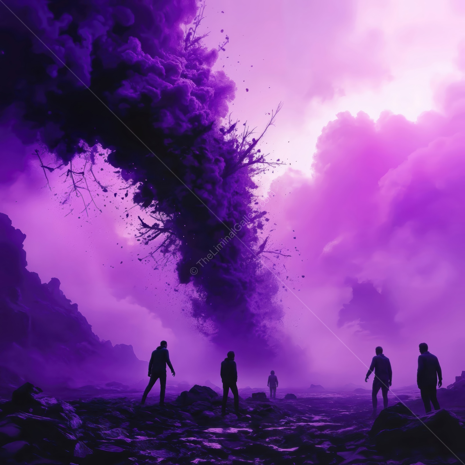 Vivid purple storm engulfs silhouettes of explorers in a distant sci-fi world filled with mystery and danger