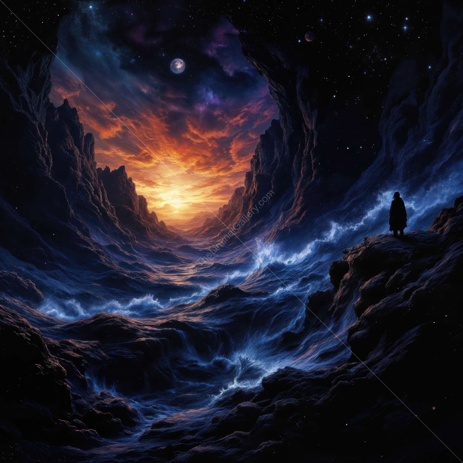 Exploring the mystical river of light in a cosmic landscape at dusk