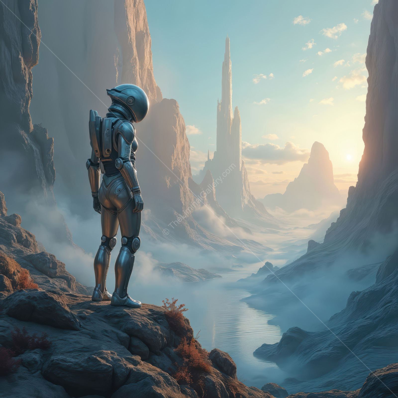 Exploration of an alien landscape by a lone robot on a distant planet during twilight