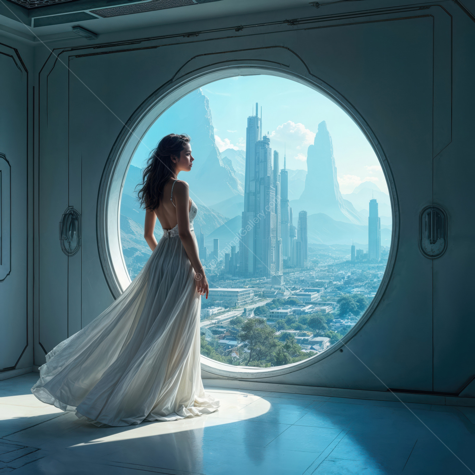 Exploring a futuristic cityscape at dawn with a glimpse of towering skyscrapers and a serene landscape