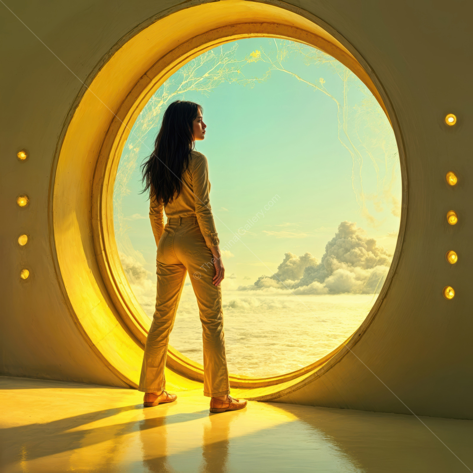 Exploring a futuristic world through a large circular window overlooking a vibrant sky and clouds