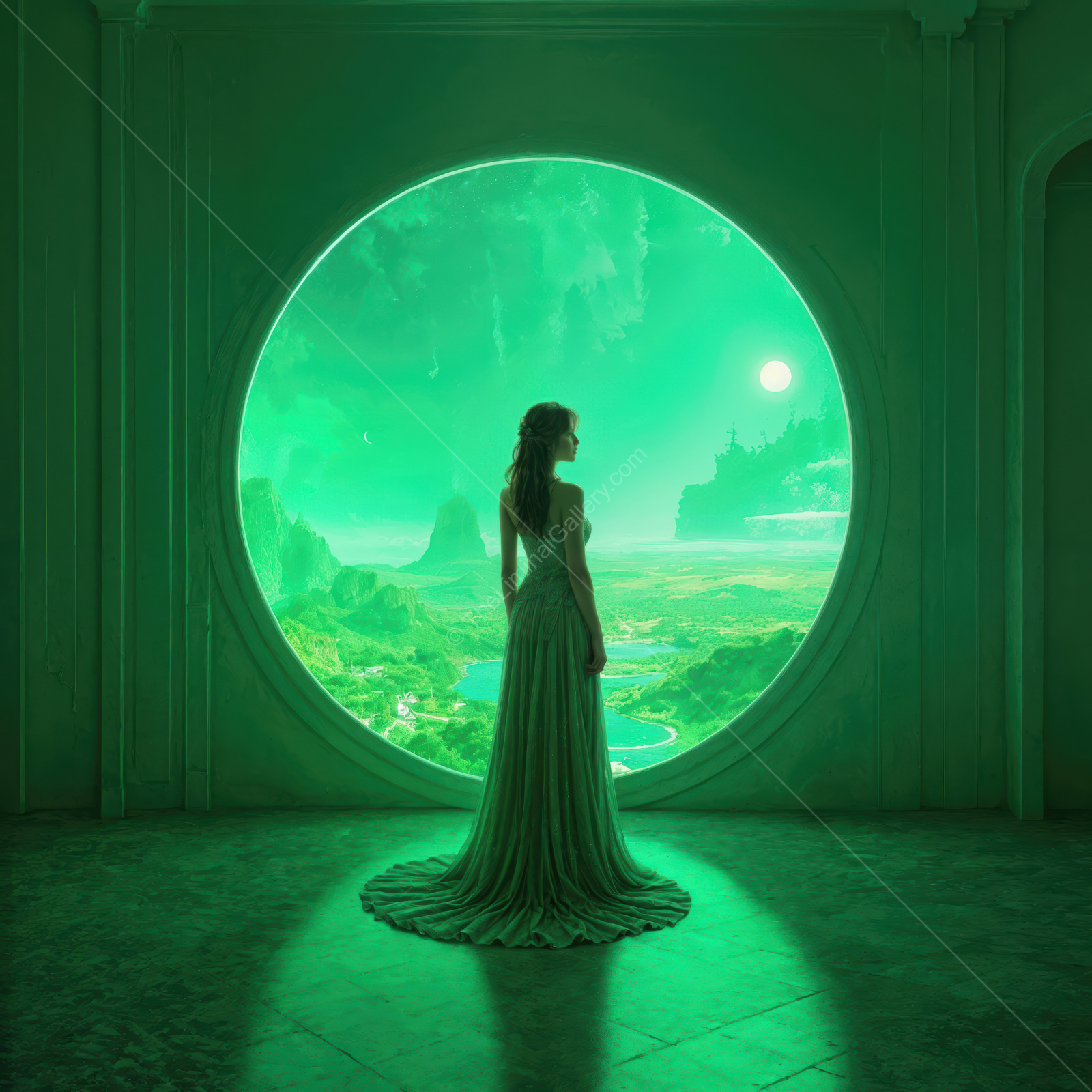 Woman gazing at a vibrant green landscape through a round window in a sci-fi setting