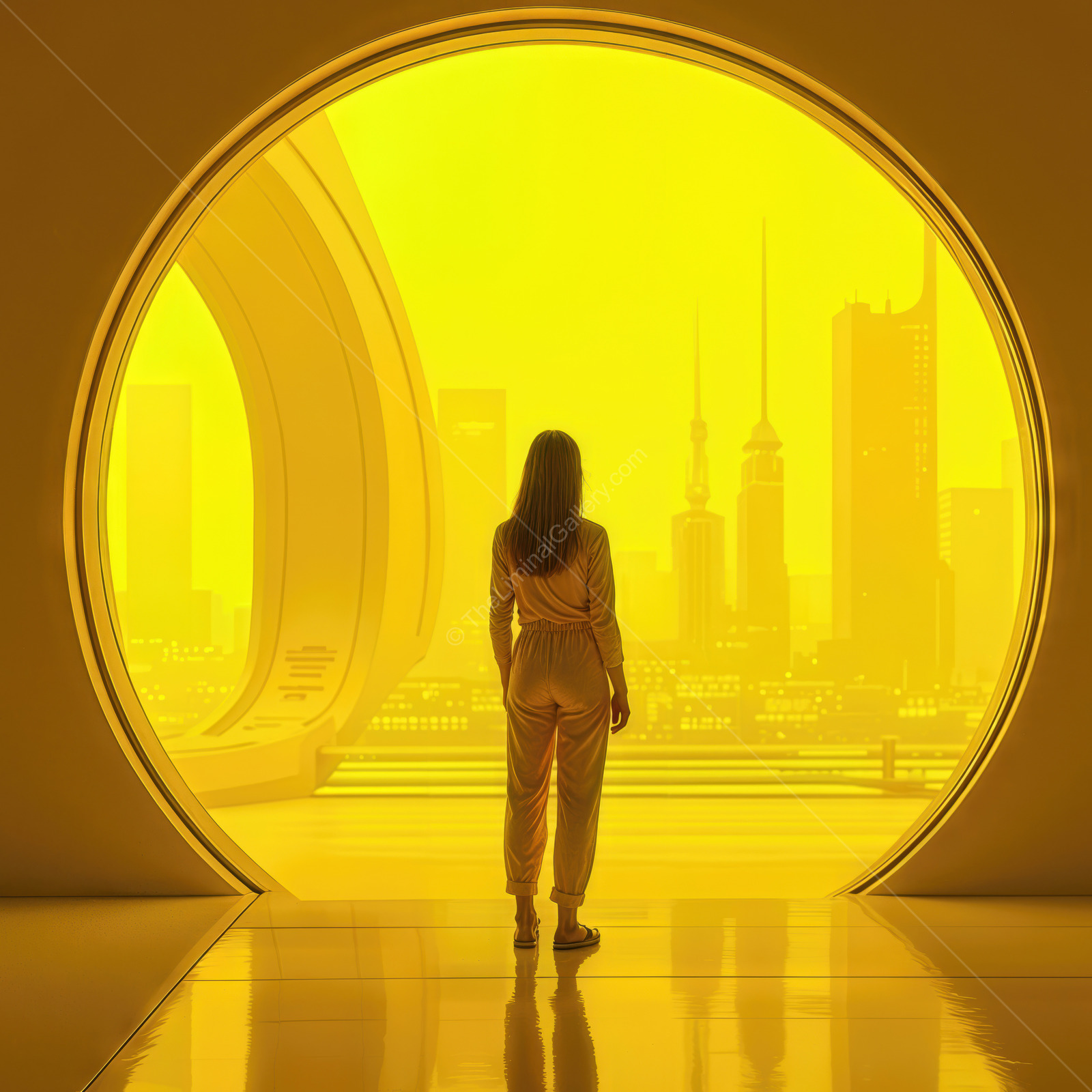 Woman gazing at a futuristic city through a round yellow portal, feeling the vibes of sci-fi dreams and urban exploration in the glow of dawn