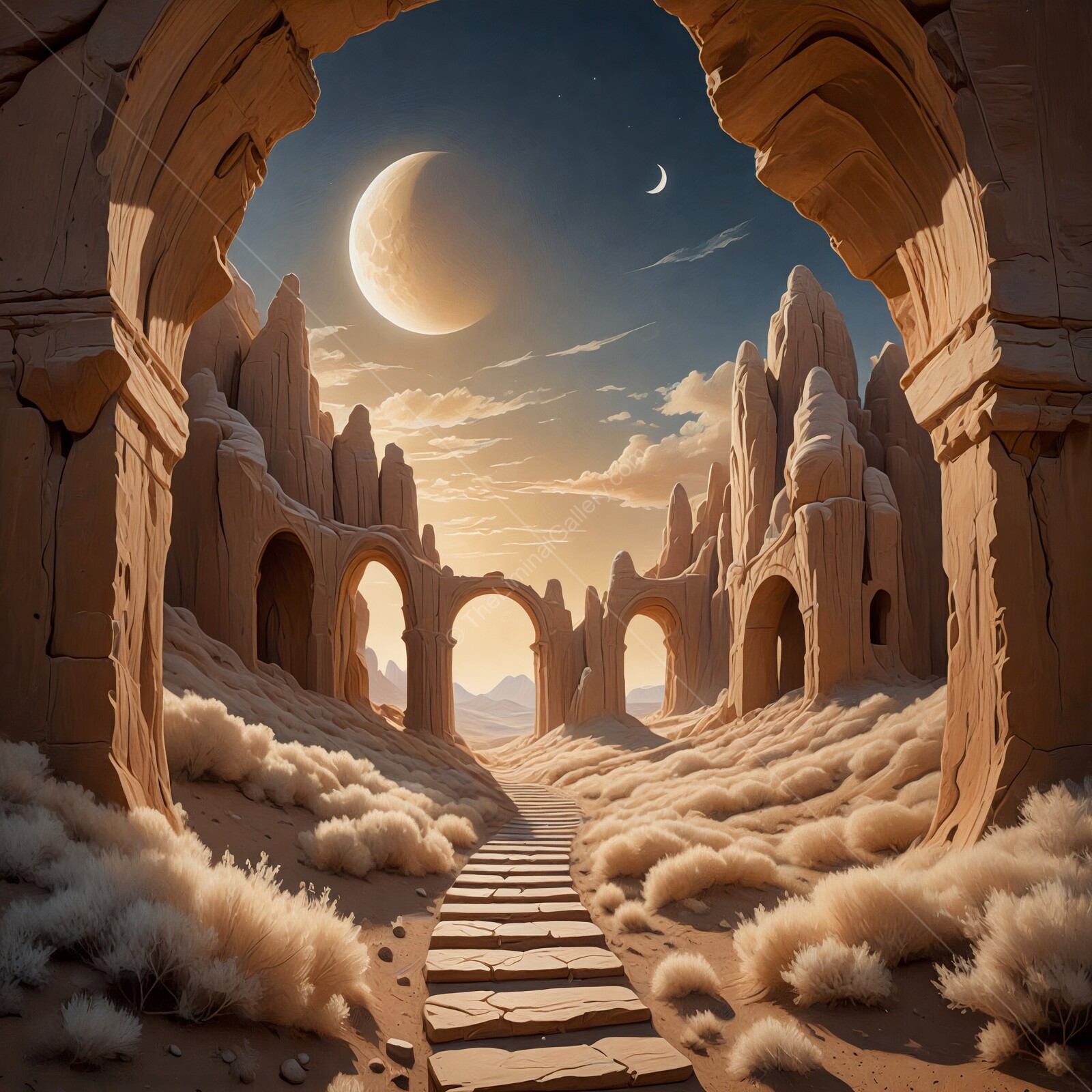 Elaborate sandstone arches frame a surreal landscape under a crescent moon