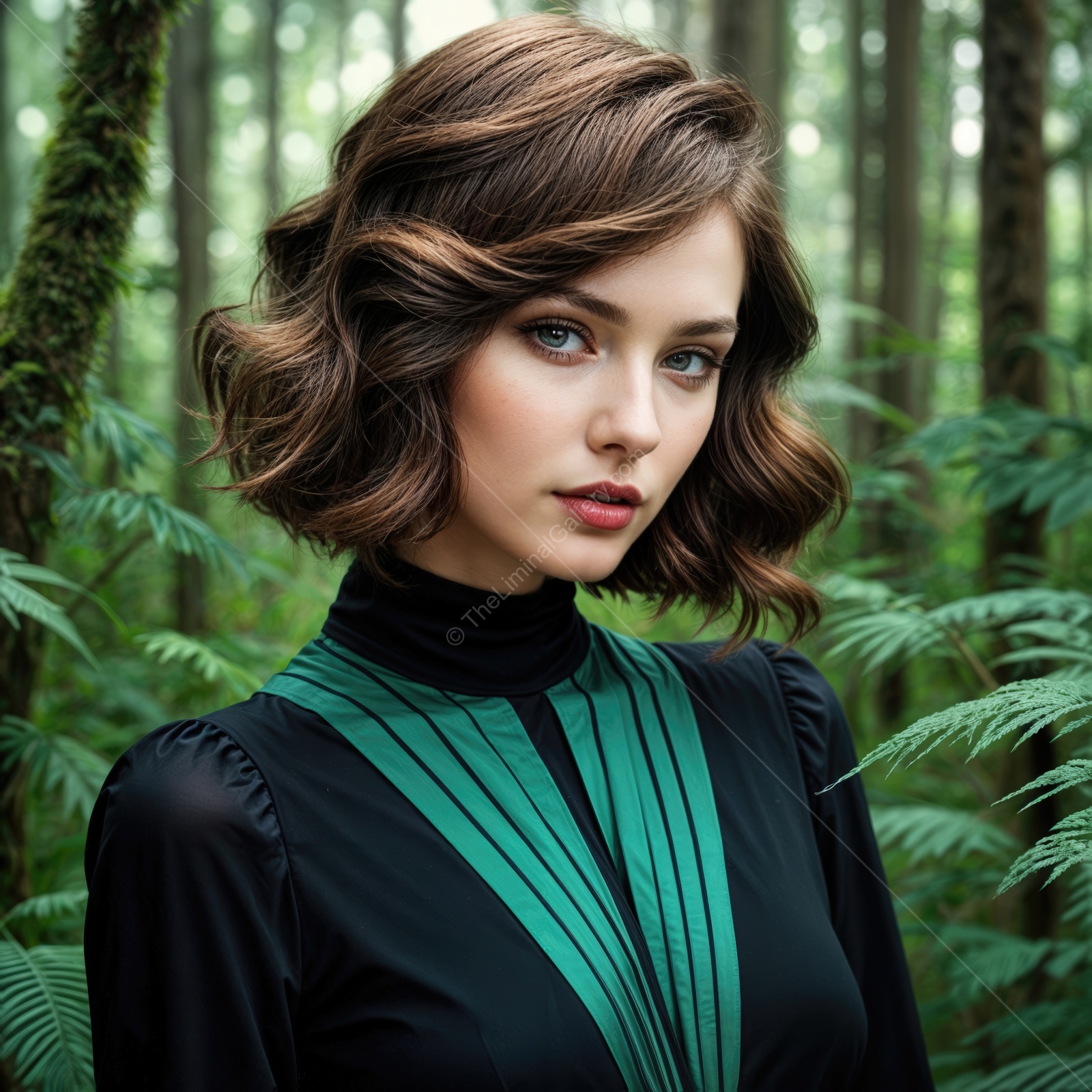 Beautiful young sci-fi woman with brown wavy hair poses gracefully amidst lush green forest foliage during golden hour