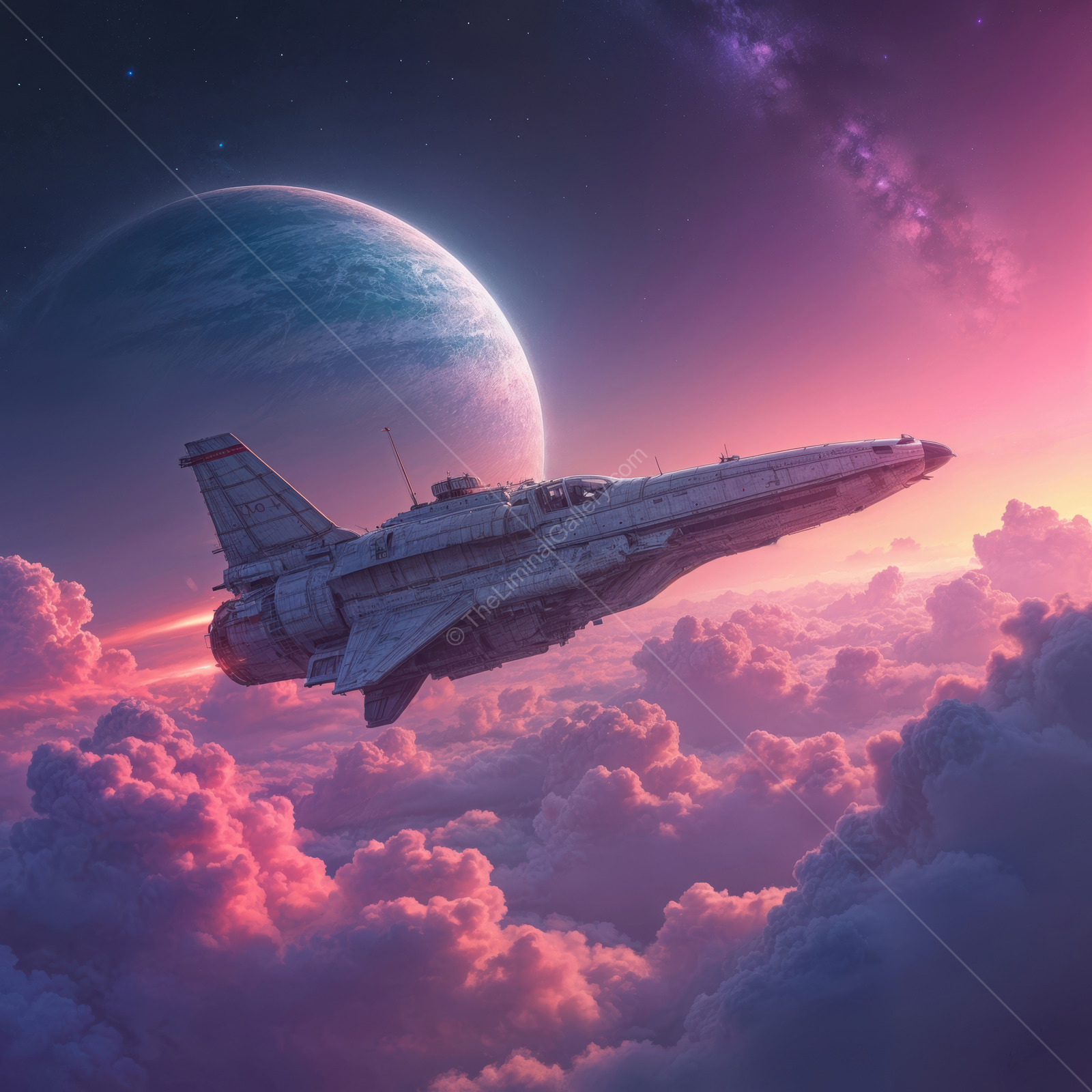 Exploring colorful clouds in a distant galaxy with a futuristic spacecraft under a vibrant cosmic sky