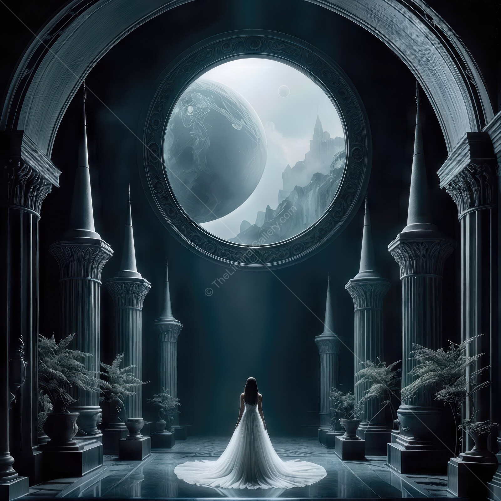 Enchanting silhouette of a bride gazing at a surreal moonlit landscape through a grand archway