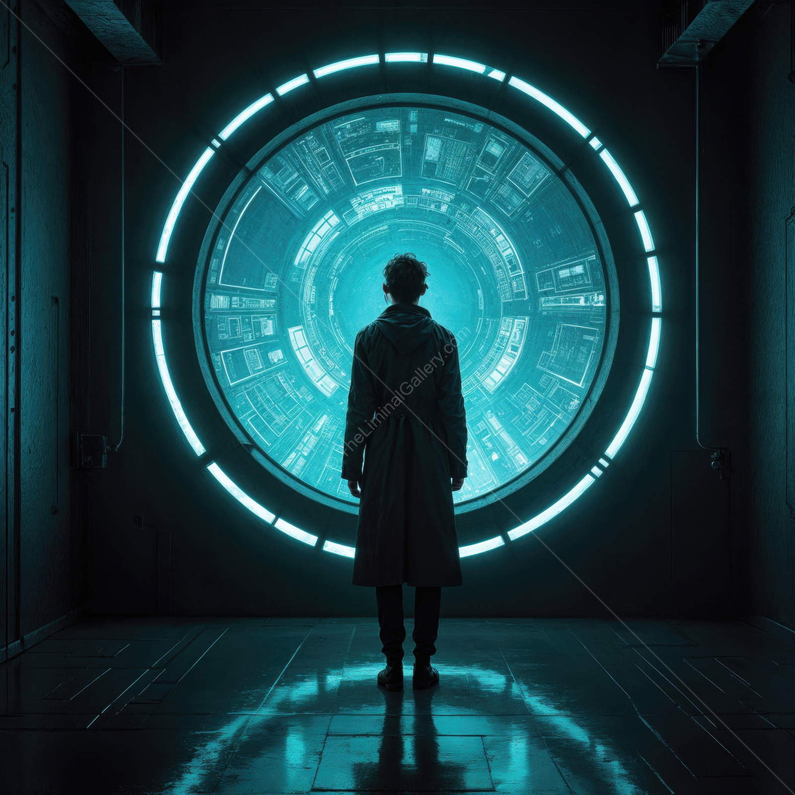 In a futuristic realm, a lone figure stands before an illuminated portal, ready to explore new dimensions of adventure and discovery in a sci-fi landscape