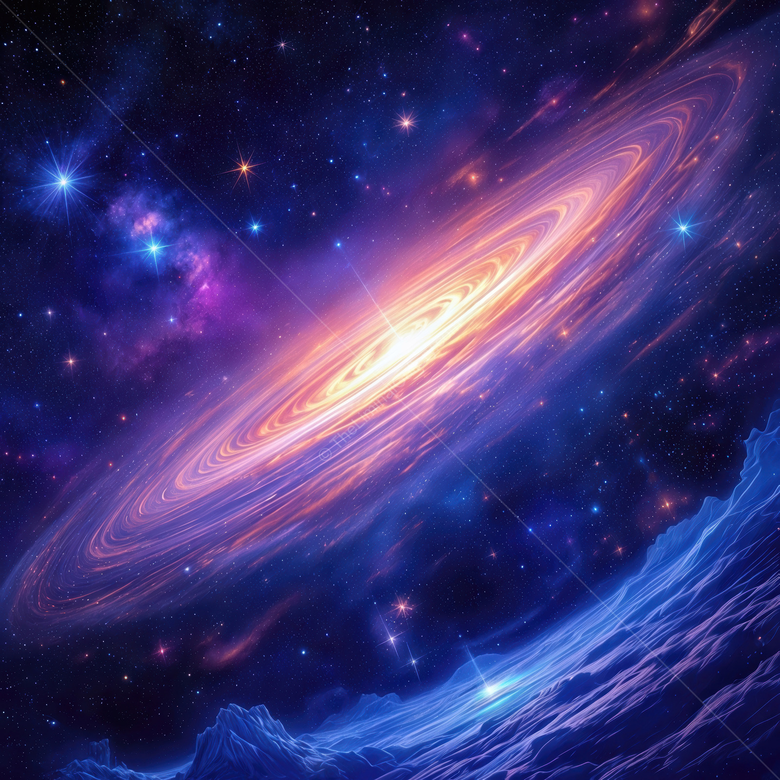 Journey through a swirling galaxy filled with vibrant colors and cosmic wonders at the edge of a distant planet