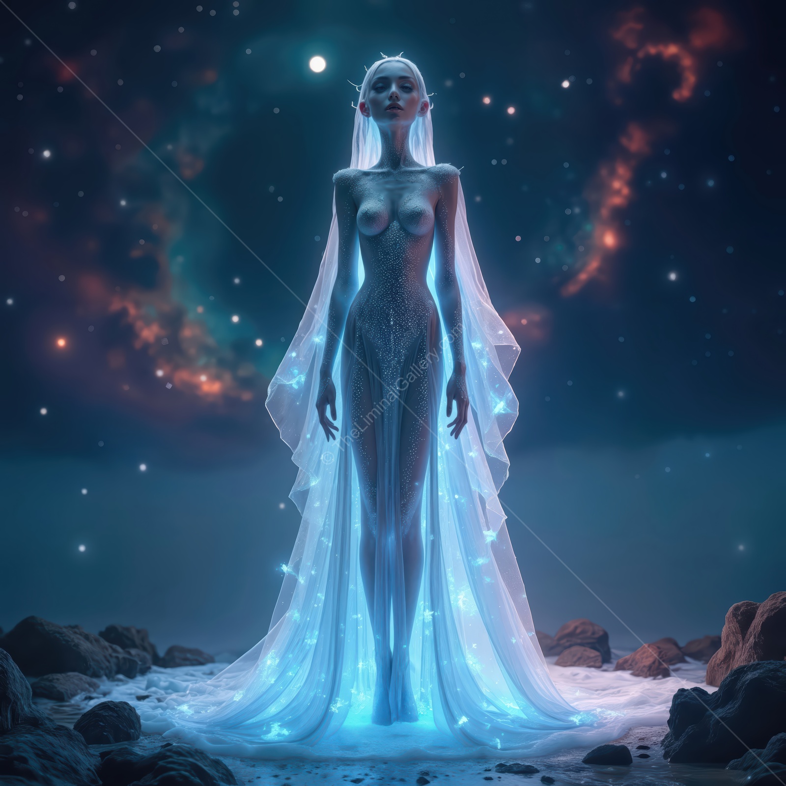 Starlit figure standing on an alien landscape, surrounded by cosmic wonders and shimmering light