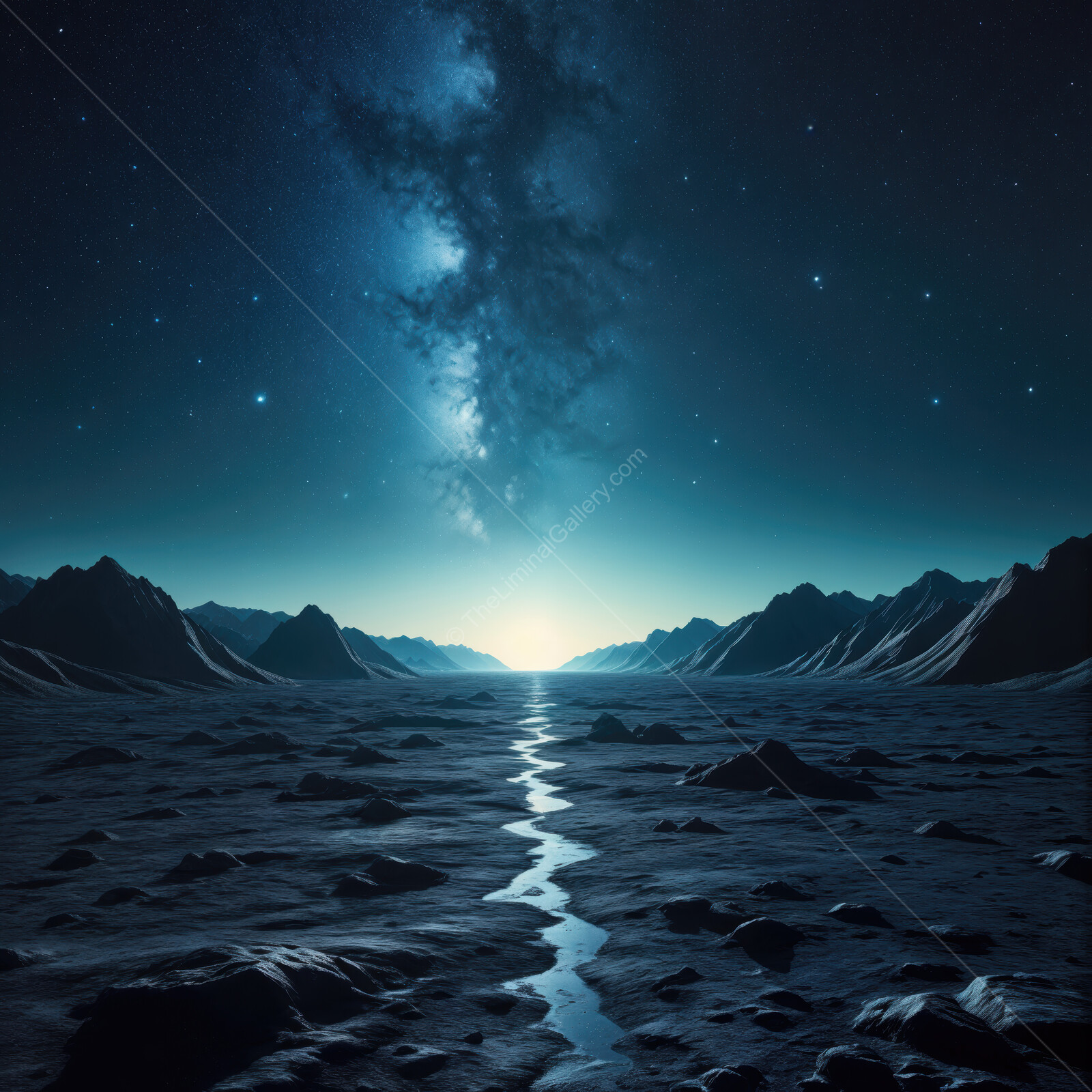 Vast alien landscape under a starry night sky with glowing river on distant horizon