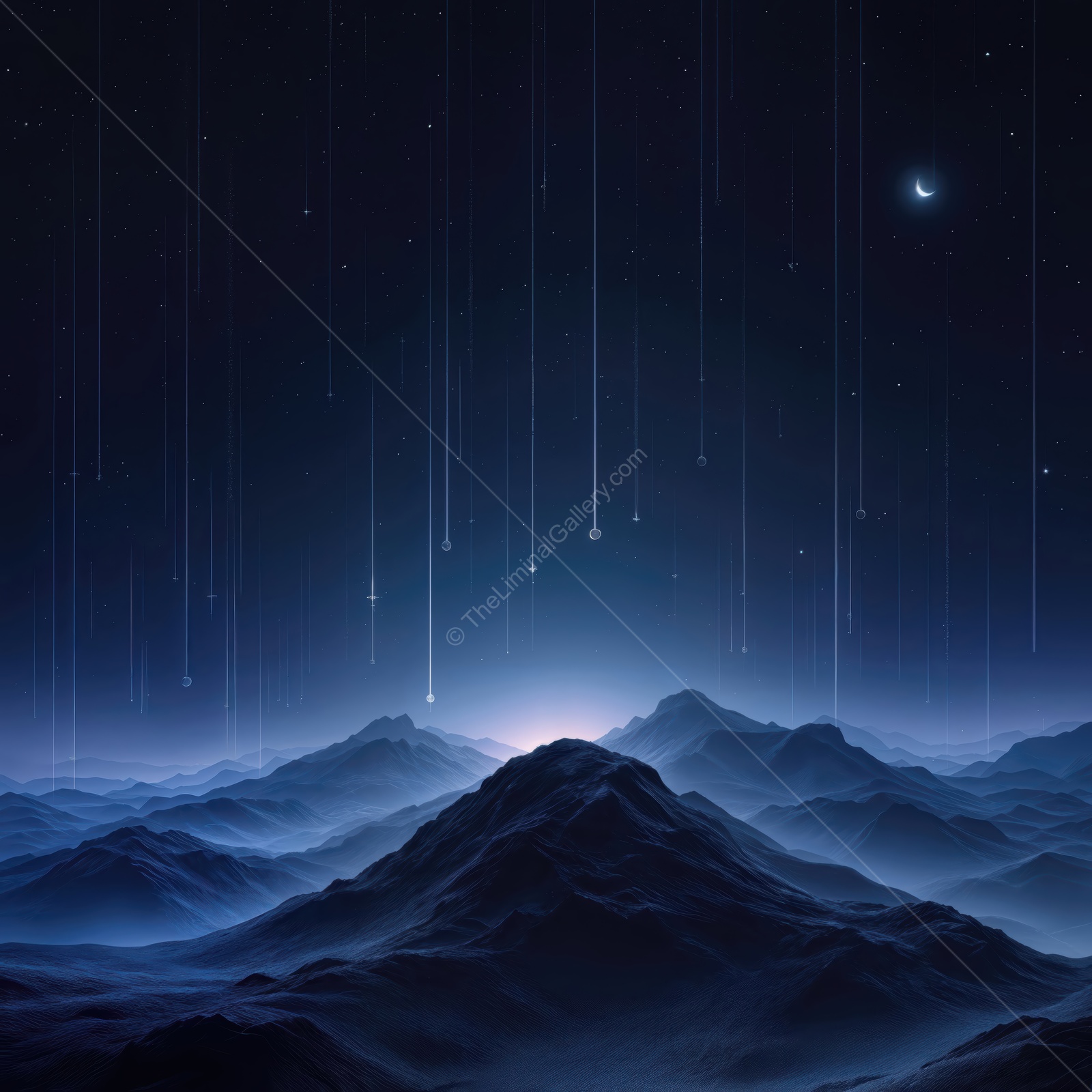 Stars cascade over distant mountains in a mysterious sci-fi landscape during twilight