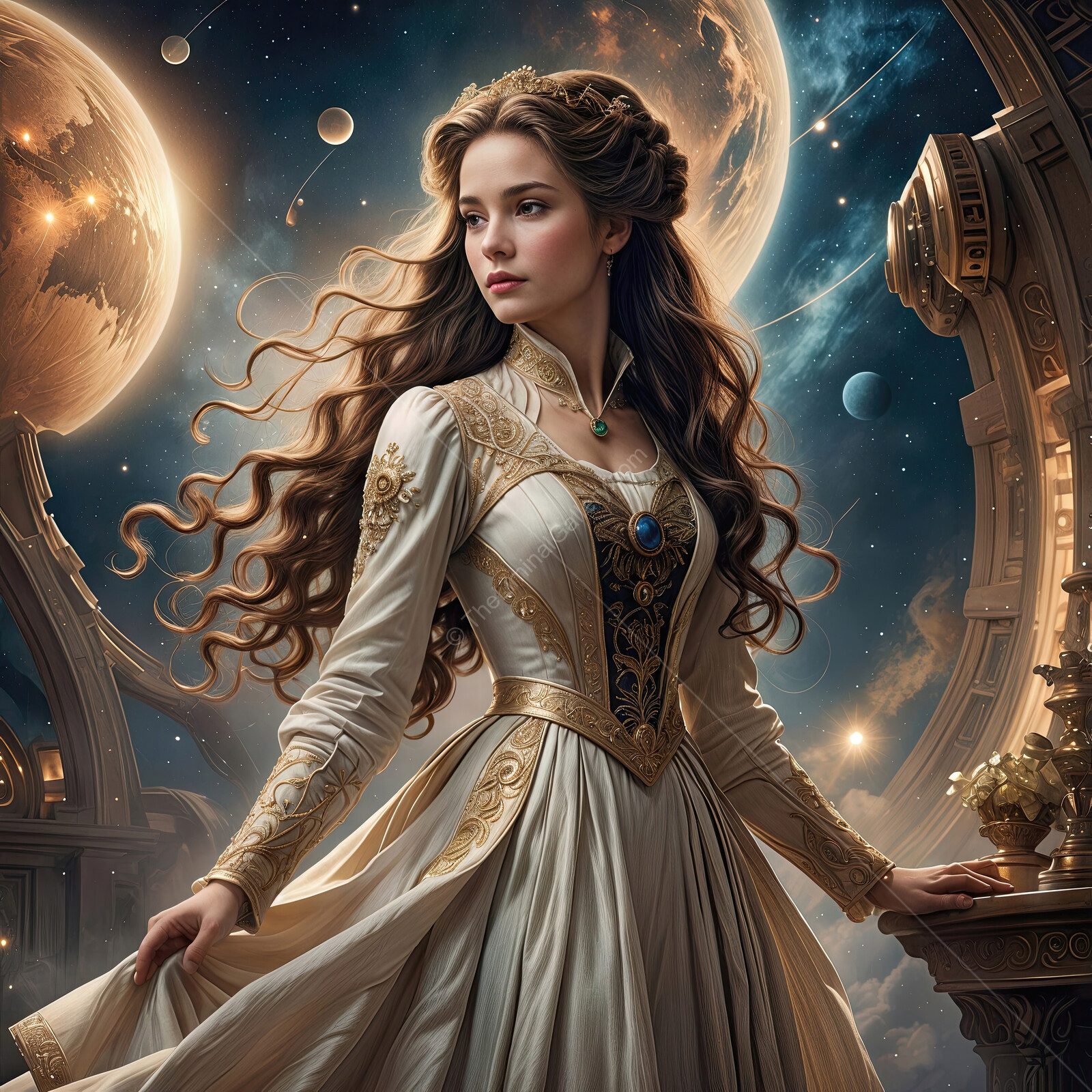 Enigmatic queen standing in a celestial realm adorned with stars and planets