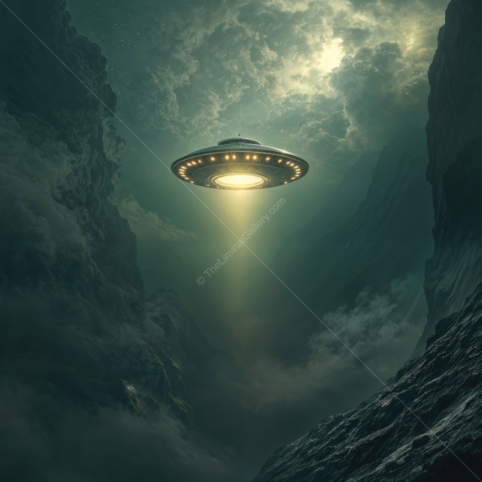 Enigmatic spacecraft hovers above a shadowy canyon under a stormy sky in a distant galaxy