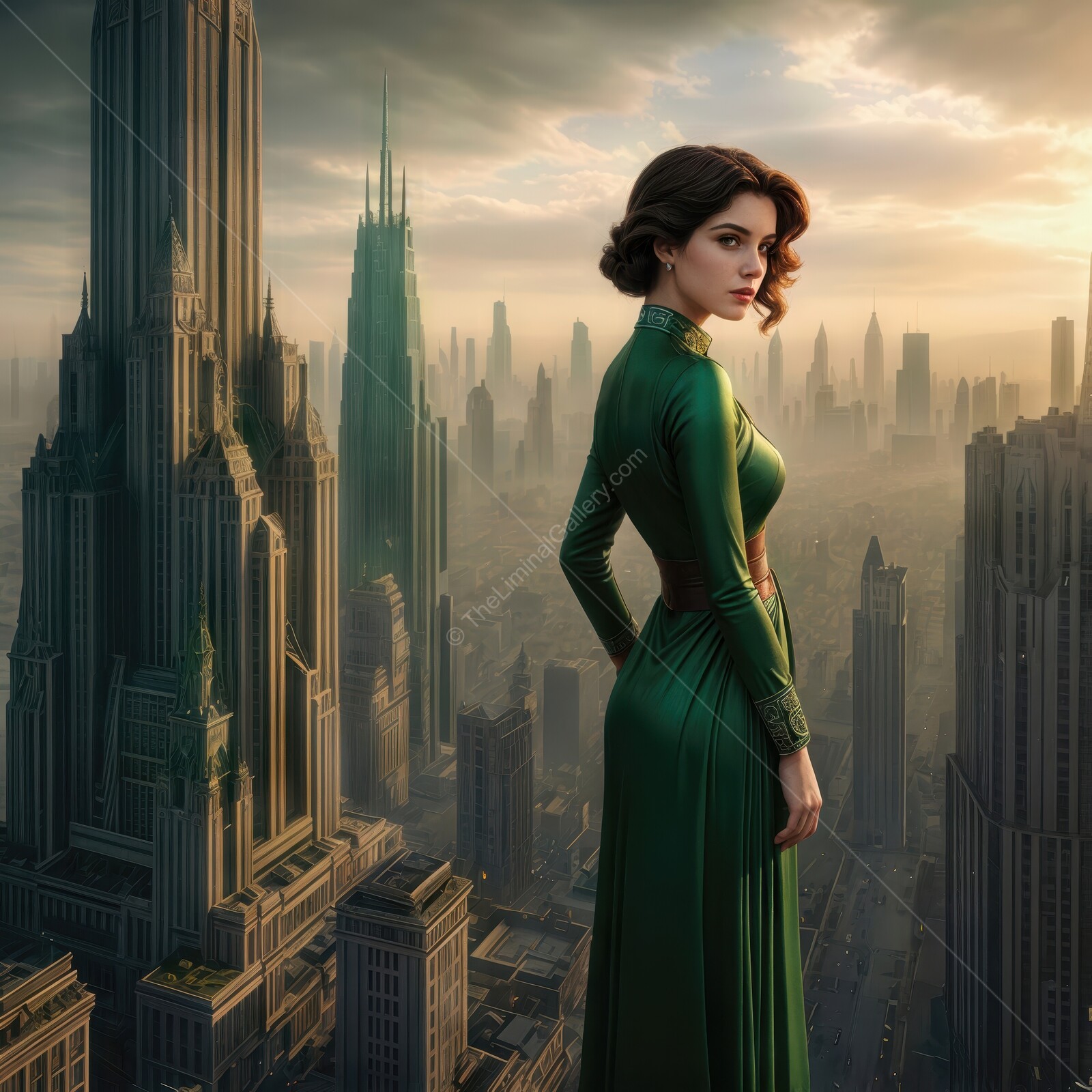 Glimpse of a stylish deco woman overlooking a futuristic cityscape at dusk