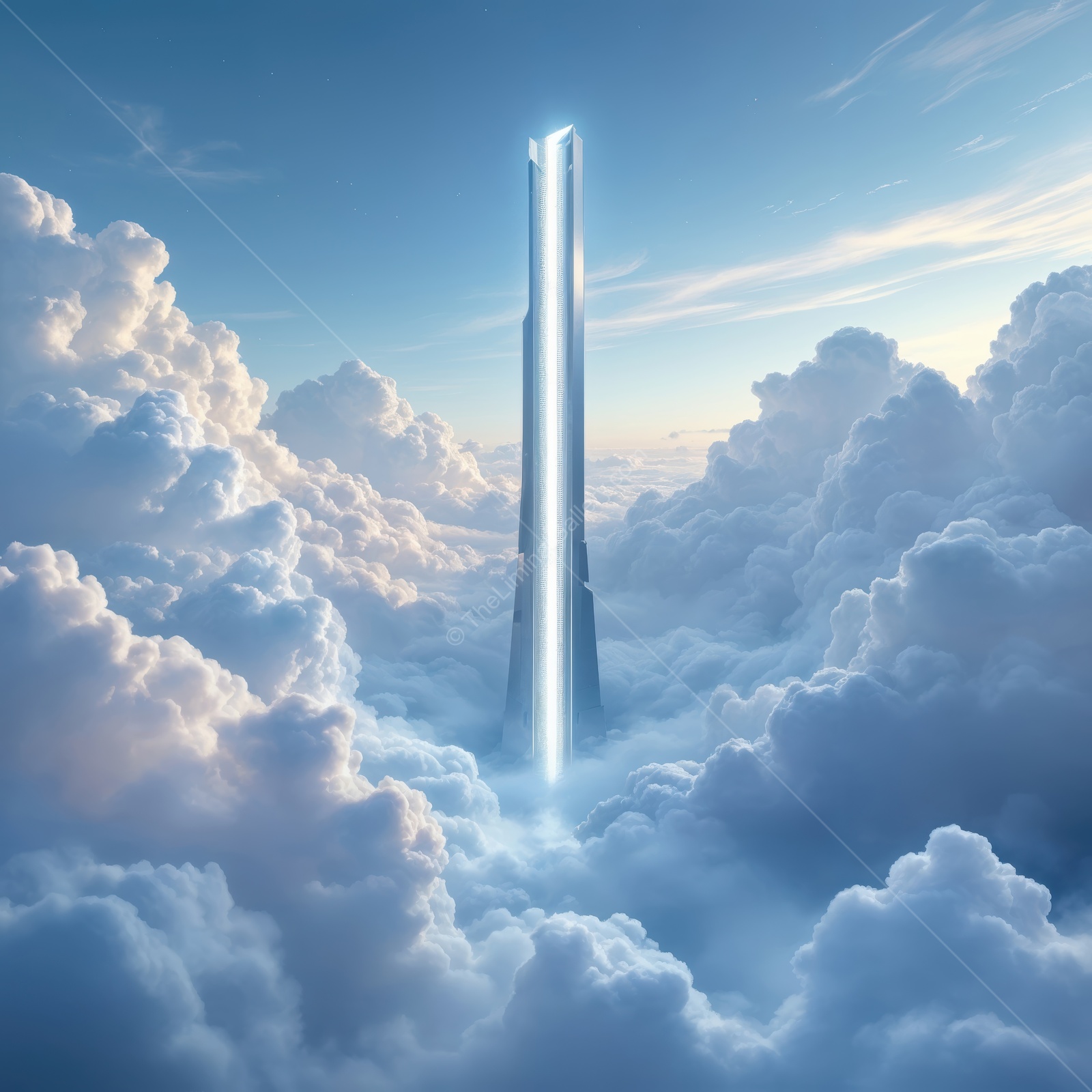 Majestic towering structure rises above clouds in a breathtaking sci-fi landscape during daytime