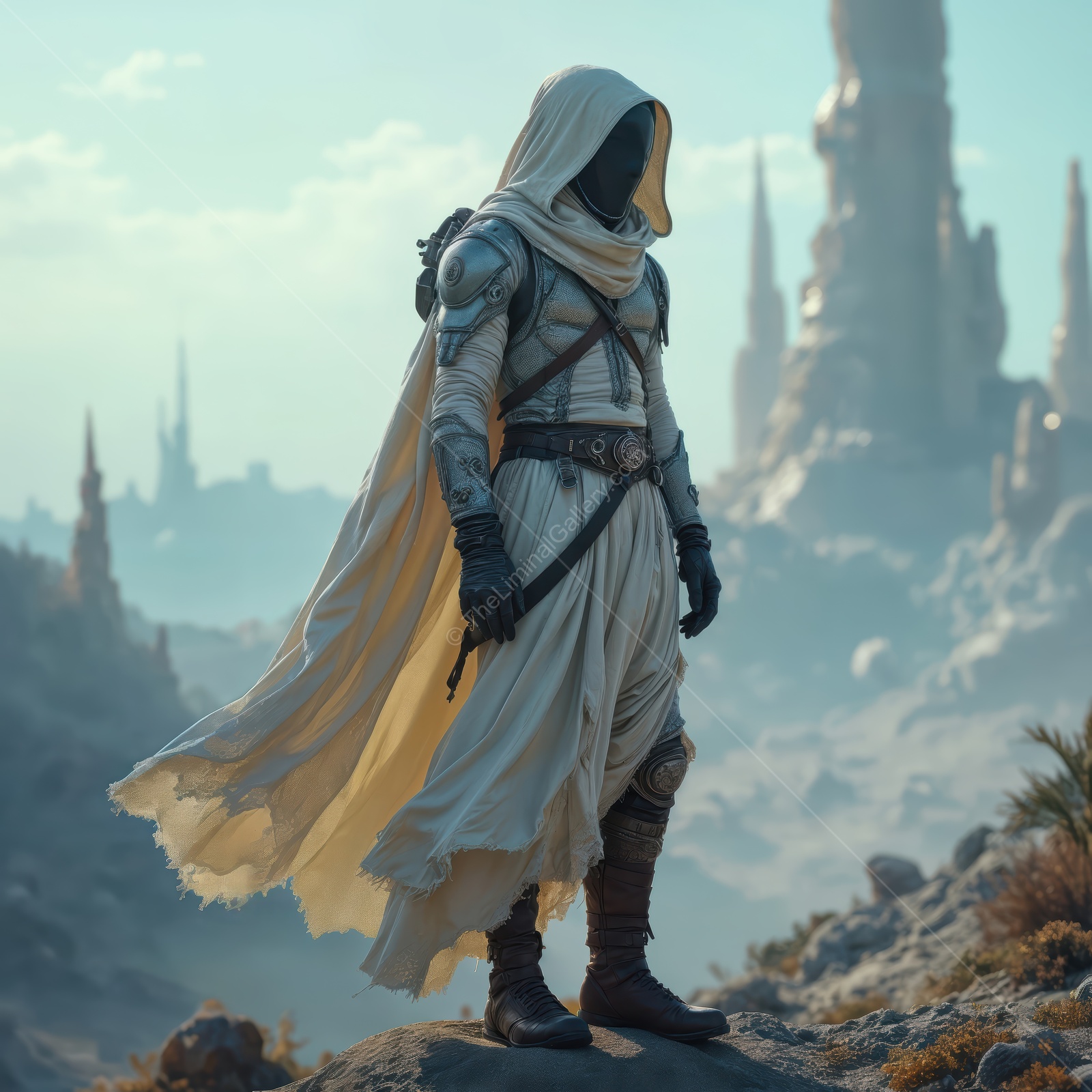 Mysterious figure in a futuristic desert landscape at dusk, exploring ancient ruins in a sci-fi adventure