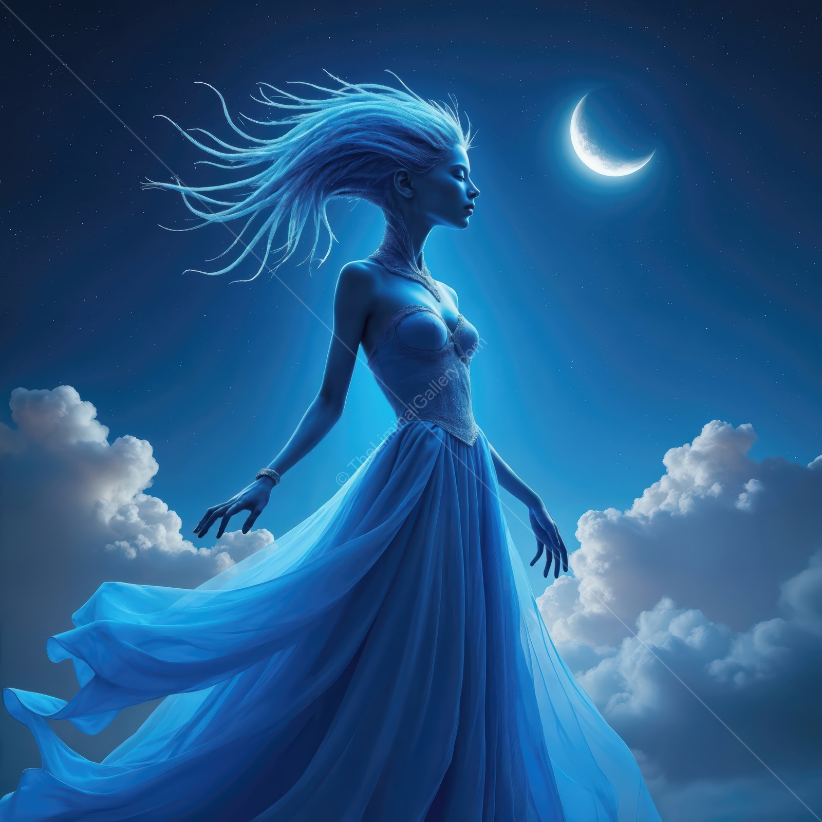 Mysterious figure standing in a celestial realm under a shimmering moon in a vibrant night sky