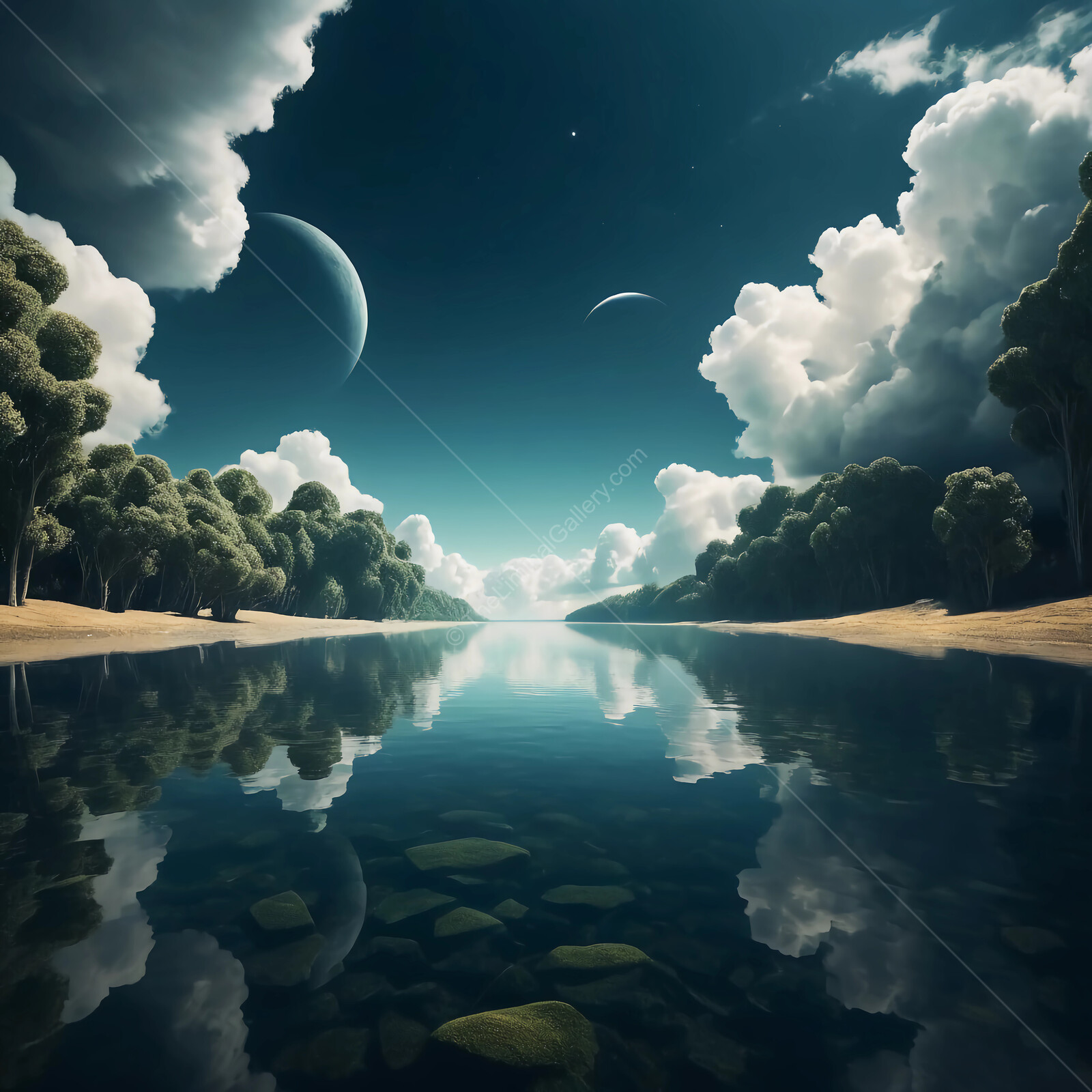 Mesmerizing twilight reflections in a serene lake surrounded by lush trees and celestial wonders