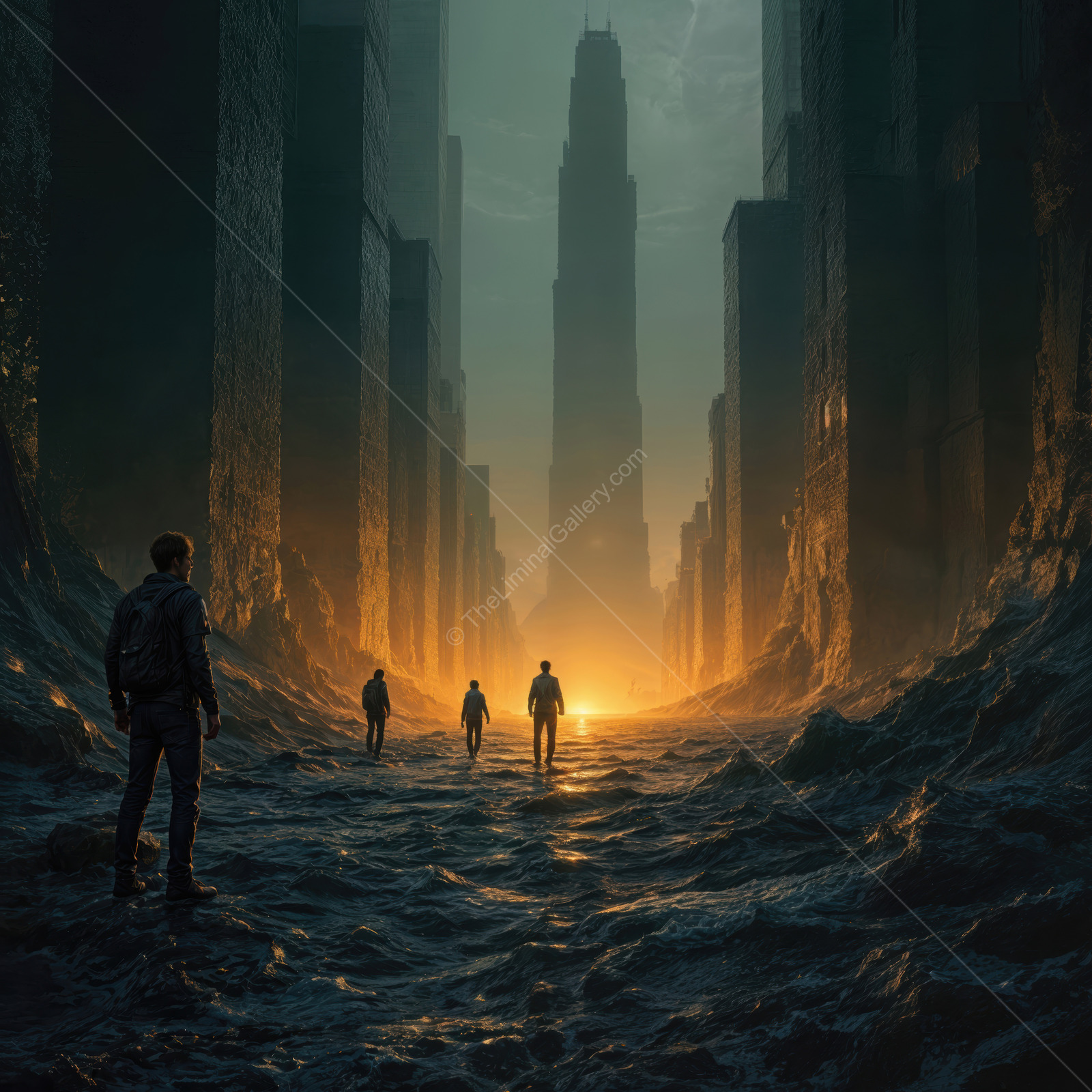 Exploring ancient ruins in a futuristic cityscape beneath a mystical glow at twilight