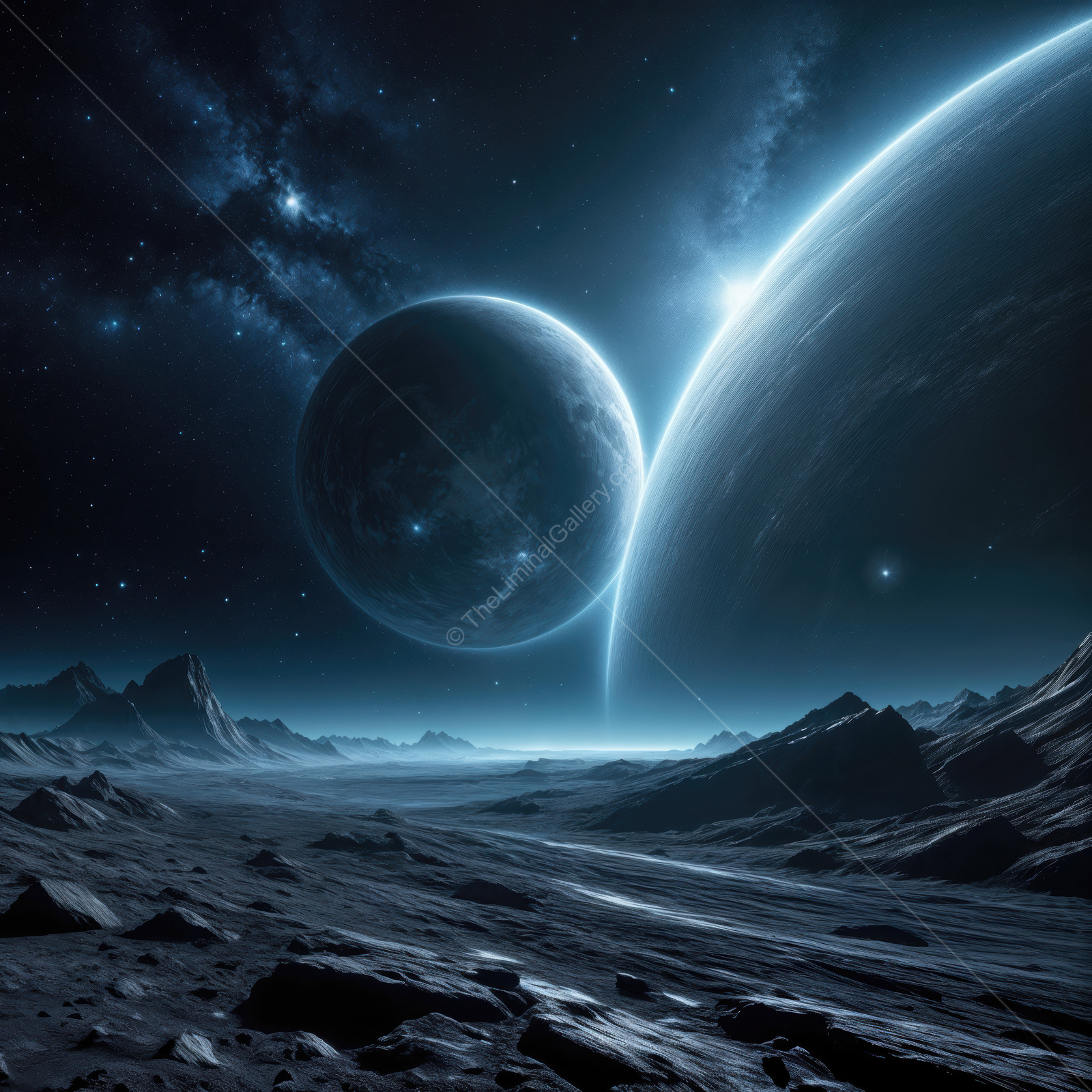 Mystical landscape under alien moons in a distant galaxy with shimmering stars and rugged terrain