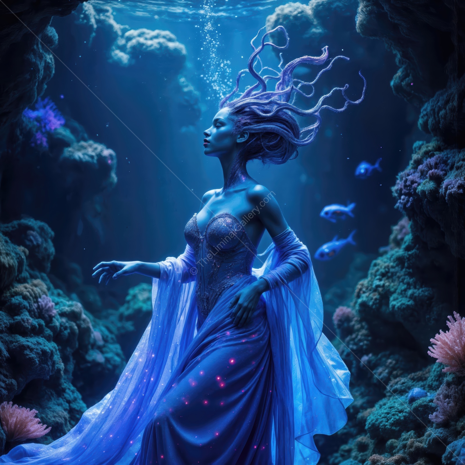 Underwater enchantress exploring a vibrant ocean realm filled with colorful corals and mystical sea creatures