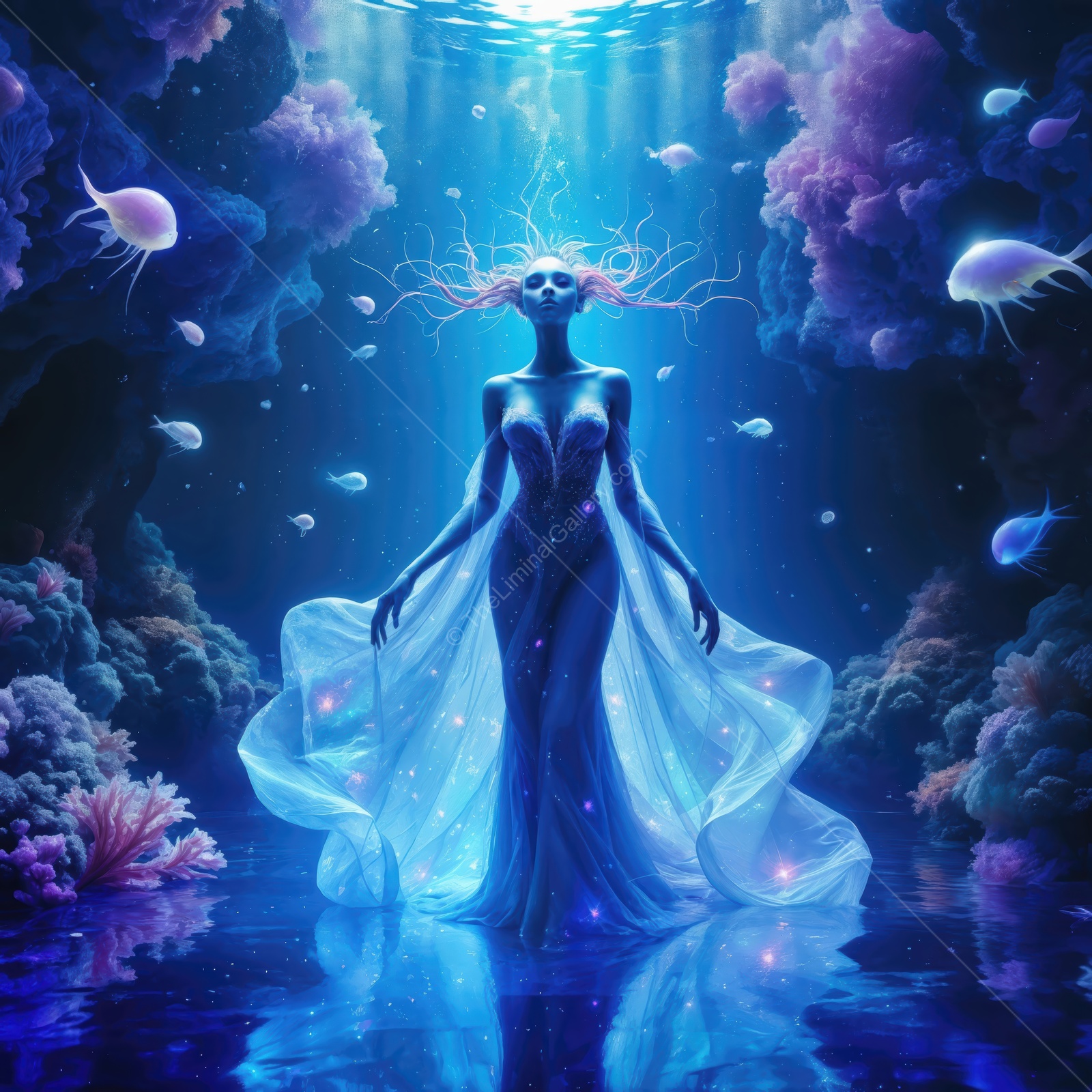Mystical underwater realm where a luminous goddess gracefully commands the ocean's life
