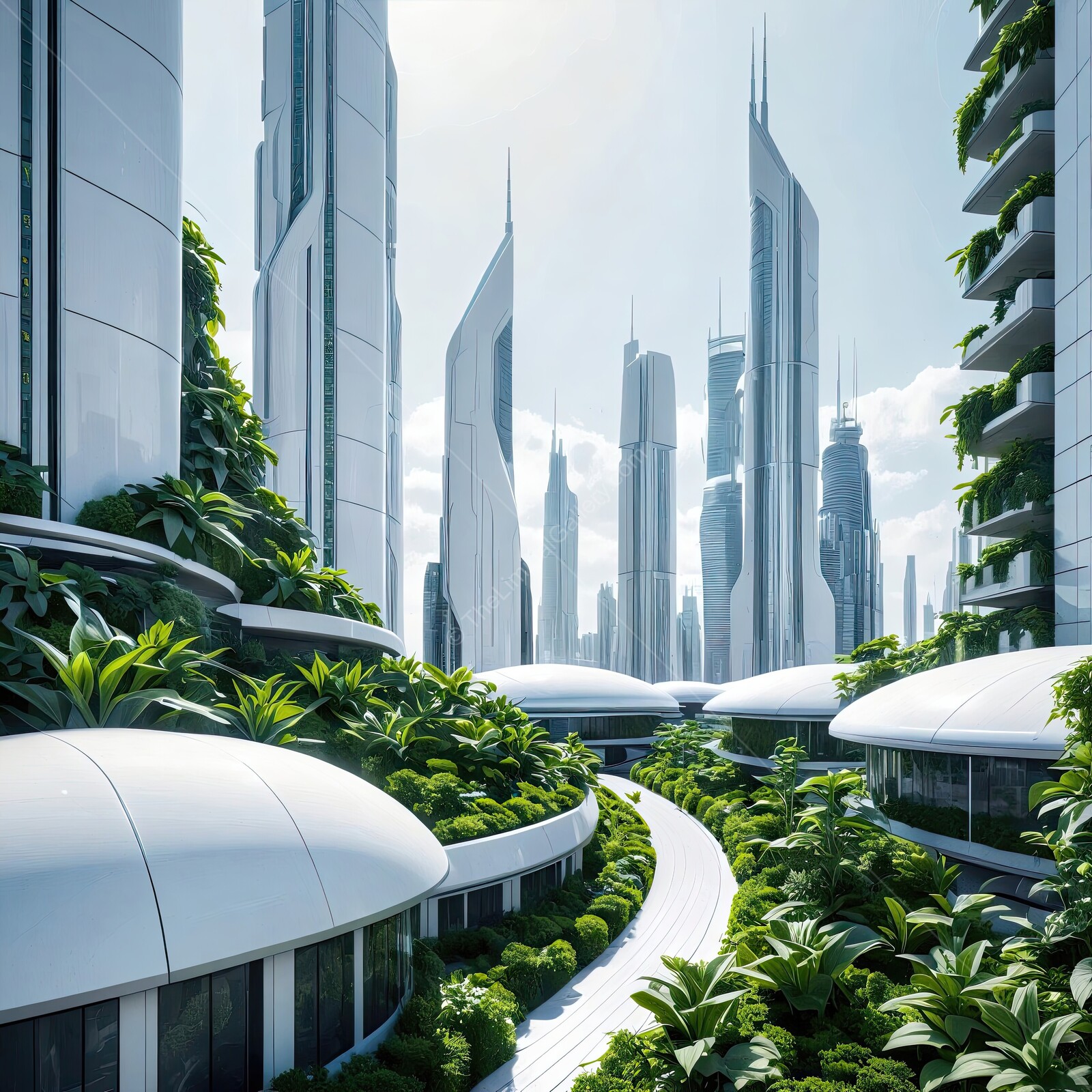 Futuristic urban oasis with lush greenery and soaring skyscrapers in a sunlit cityscape