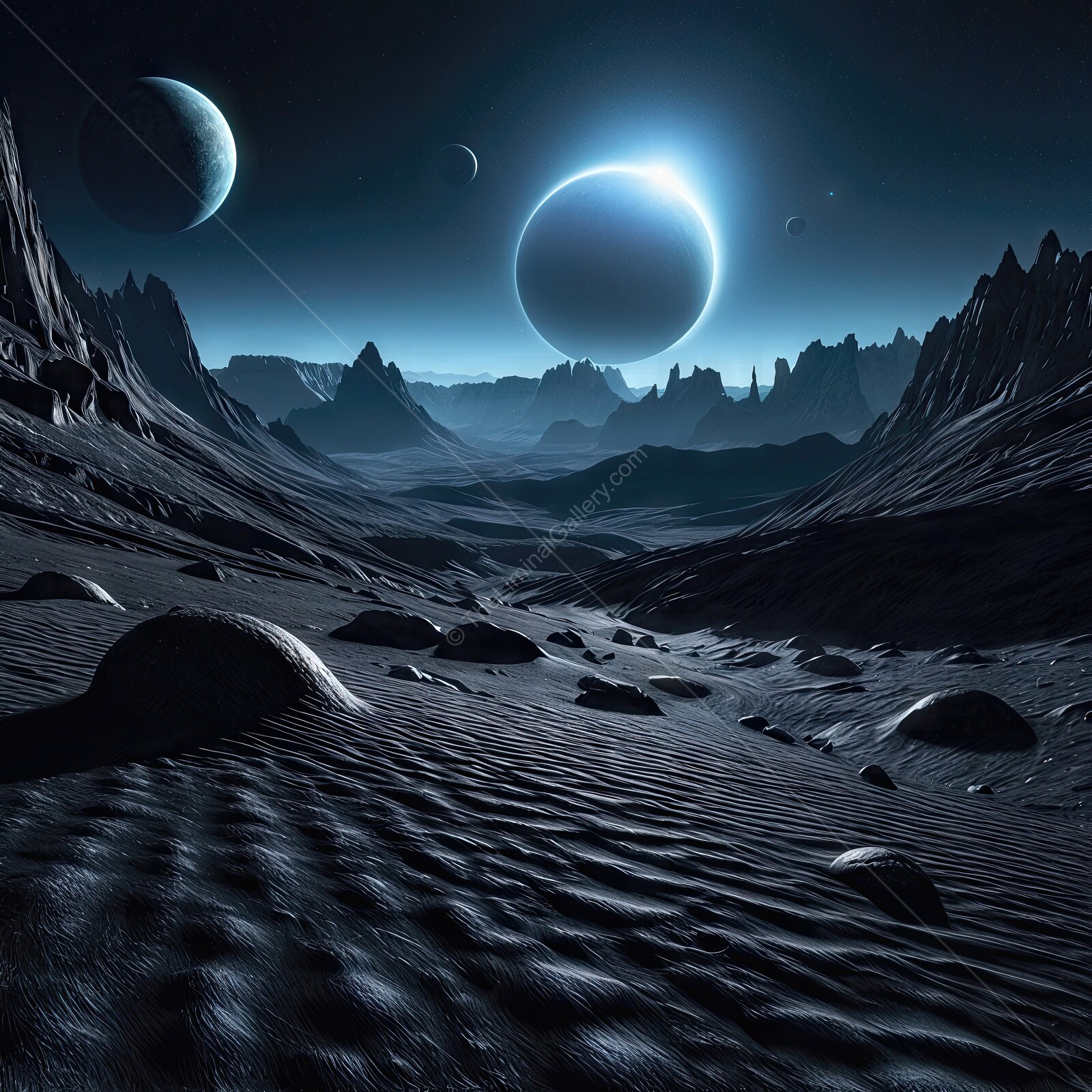 Vast alien landscape under a starlit sky with distant planets and rugged mountains
