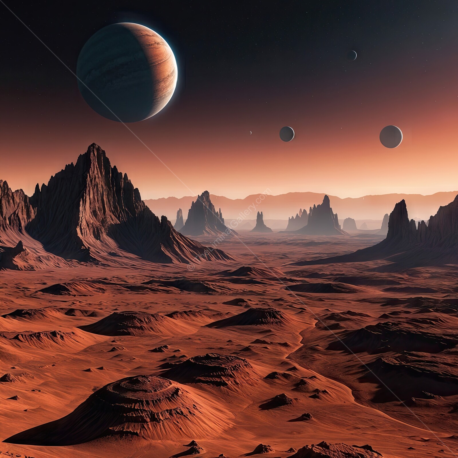Vast alien landscape with towering mountains and celestial bodies illuminating the twilight sky
